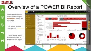 The Power BI Report
will open within your
Workspace within the
Web App.
The Power BI tools
will remain…
…while a new set of
tools will appear at
the top of the report.
Continue
Overview of a POWER BI Report
 