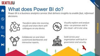 What does Power BI do?
Power BI is a business analytics service that delivers insights to enable fast, informed
decisions.
Transform data into stunning
visuals and share them with
colleagues on any device.
Collaborate on and share
customized dashboards and
interactive reports.
Visually explore and analyze
data—on-premises and in
the cloud—all in one view.
Scale across your
organization with built-in
governance and security.
Continue
 