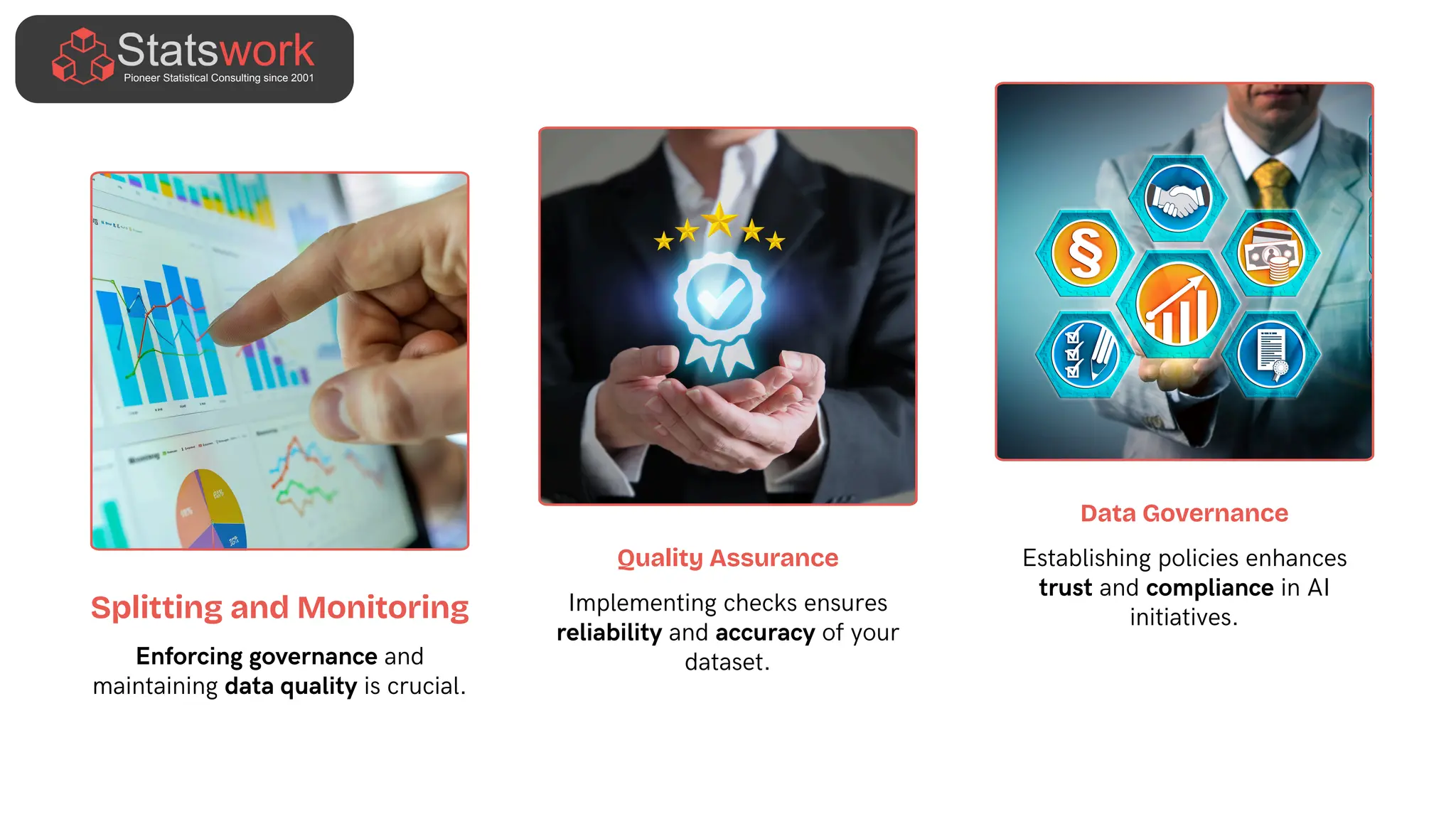 Data Governance
Establishing policies enhances
trust and compliance in AI
initiatives.
Splitting and Monitoring
Enforcing governance and
maintaining data quality is crucial.
Quality Assurance
Implementing checks ensures
reliability and accuracy of your
dataset.