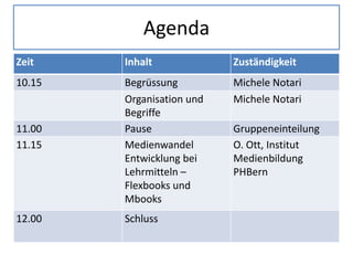 Agenda
Zeit Inhalt Zuständigkeit
10.15 Begrüssung Michele Notari
Organisation und
Begriffe
Michele Notari
11.00 Pause Gruppeneinteilung
11.15 Medienwandel
Entwicklung bei
Lehrmitteln –
Flexbooks und
Mbooks
O. Ott, Institut
Medienbildung
PHBern
12.00 Schluss
 