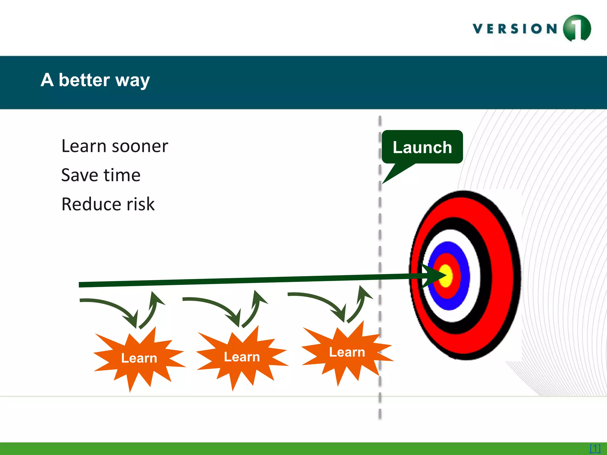 A better way
Learn sooner
Save time
Reduce risk
Launch
Learn Learn Learn
[1]
 