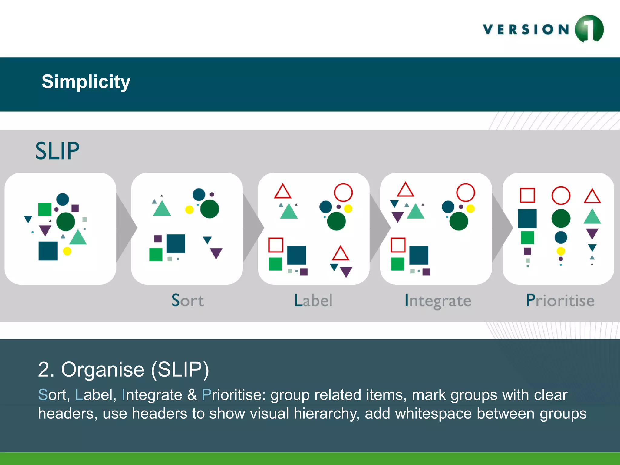 Simplicity
2. Organise (SLIP)
Sort, Label, Integrate & Prioritise: group related items, mark groups with clear
headers, use headers to show visual hierarchy, add whitespace between groups
 