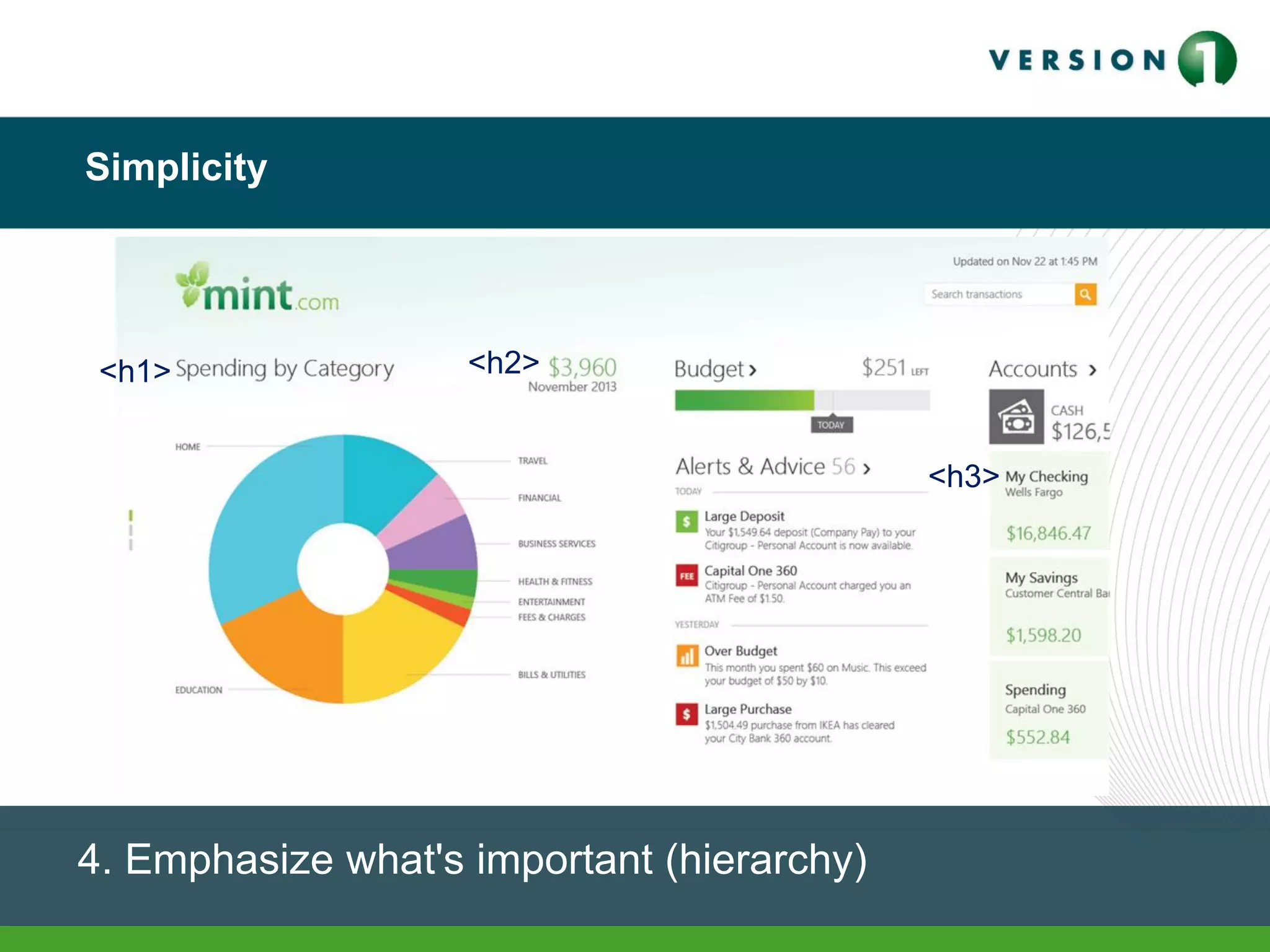 Simplicity
4. Emphasize what's important (hierarchy)
<h1> <h2>
<h3>
 