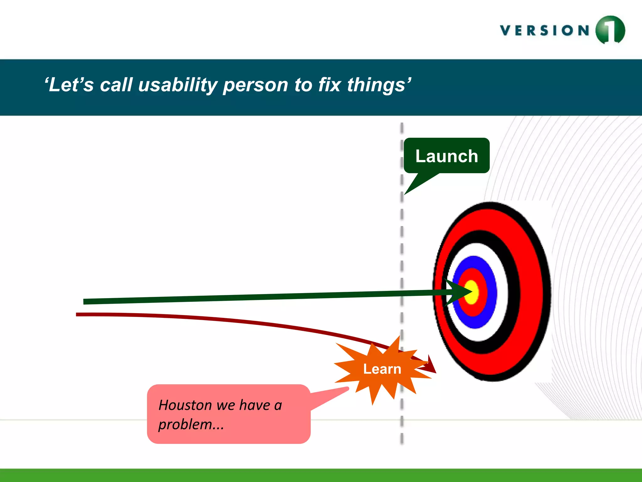‘Let’s call usability person to fix things’
Launch
Houston we have a
problem...
Learn
 