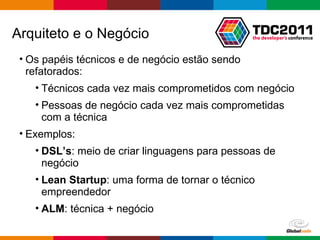 Arquiteto e o Negócio Os papéis técnicos e de negócio estão sendo refatorados: Técnicos cada vez mais comprometidos com negócio Pessoas de negócio cada vez mais comprometidas com a técnica Exemplos: DSL’s : meio de criar linguagens para pessoas de negócio Lean Startup : uma forma de tornar o técnico empreendedor ALM : técnica + negócio 