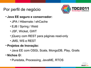 Por perfil de negócio Java EE seguro e conservador: JPA / Hibernate / ehCache EJB / Spring / Weld JSF, Wicket, GWT jQuery com REST para páginas read-only JMS, WS e REST Projetos de Inovação: Java EE com OSGi, Scala, MongoDB, Play, Grails Nichos   : Puredata, Processing, JavaME, RTOS  