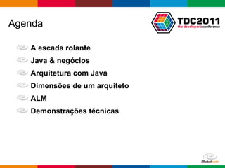Agenda A escada rolante Java & negócios Arquitetura com Java Dimensões de um arquiteto ALM Demonstrações técnicas 