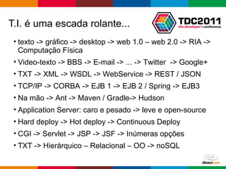 T.I. é uma escada rolante... texto -> gráfico -> desktop -> web 1.0 – web 2.0 -> RIA -> Computação Física Video-texto -> BBS -> E-mail -> ... -> Twitter  -> Google+ TXT -> XML -> WSDL -> WebService -> REST / JSON TCP/IP -> CORBA -> EJB 1 -> EJB 2 / Spring -> EJB3 Na mão -> Ant -> Maven / Gradle-> Hudson Application Server: caro e pesado -> leve e open-source Hard deploy -> Hot deploy -> Continuous Deploy CGI -> Servlet -> JSP -> JSF -> Inúmeras opções TXT -> Hierárquico – Relacional – OO -> noSQL 