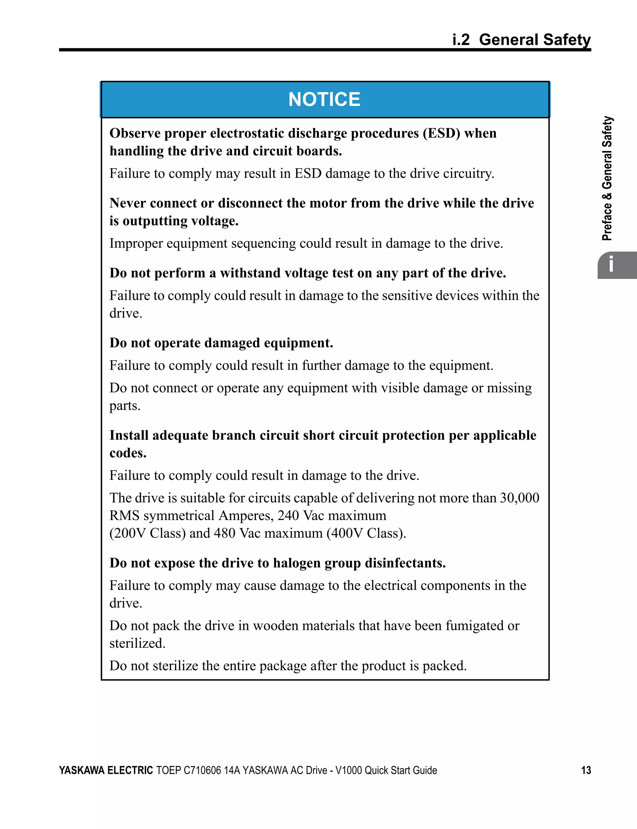 t
                                                                               i.2 General Safety




                                                                                                    
                                              NOTICE




                                                                                                    Preface & General Safety
          Observe proper electrostatic discharge procedures (ESD) when
          handling the drive and circuit boards.
          Failure to comply may result in ESD damage to the drive circuitry.

          Never connect or disconnect the motor from the drive while the drive
          is outputting voltage.
          Improper equipment sequencing could result in damage to the drive.

          Do not perform a withstand voltage test on any part of the drive.                                       i
          Failure to comply could result in damage to the sensitive devices within the
          drive.

          Do not operate damaged equipment.
          Failure to comply could result in further damage to the equipment.
          Do not connect or operate any equipment with visible damage or missing
          parts.

          Install adequate branch circuit short circuit protection per applicable
          codes.
          Failure to comply could result in damage to the drive.
          The drive is suitable for circuits capable of delivering not more than 30,000
          RMS symmetrical Amperes, 240 Vac maximum
          (200V Class) and 480 Vac maximum (400V Class).

          Do not expose the drive to halogen group disinfectants.
          Failure to comply may cause damage to the electrical components in the
          drive.
          Do not pack the drive in wooden materials that have been fumigated or
          sterilized.
          Do not sterilize the entire package after the product is packed.




YASKAWA ELECTRIC TOEP C710606 14A YASKAWA AC Drive - V1000 Quick Start Guide                   13
 