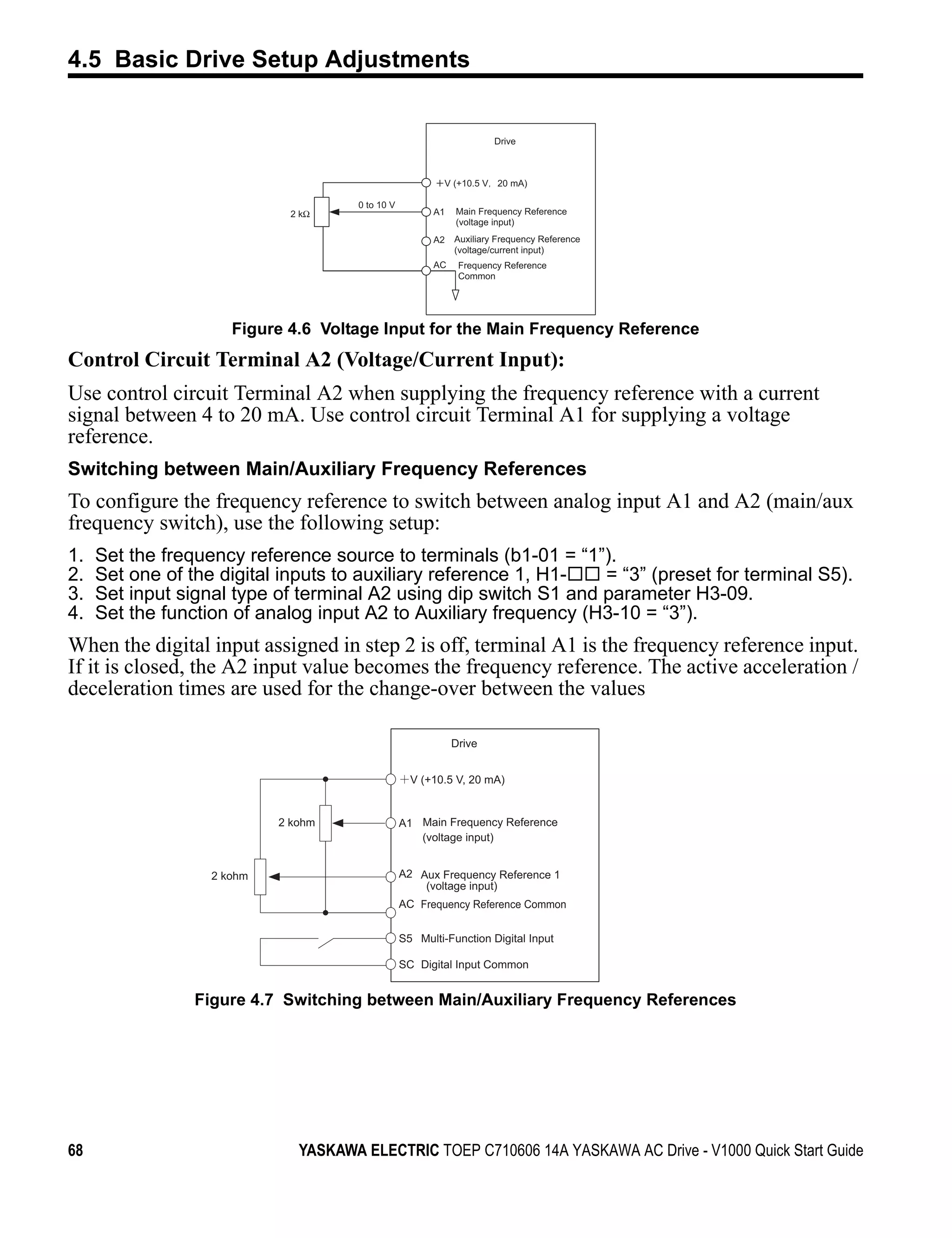 4.5 Basic Drive Setup Adjustments

Figure 4.6




                                                                                 Drive



                                                                    V (+10.5 V   20 mA)

                                               0 to 10 V
                                     2 kΩ                        A1   Main Frequency Reference
                                                                      (voltage input)
                                                                 A2   Auxiliary Frequency Reference
                                                                      (voltage/current input)
                                                                 AC    Frequency Reference
                                                                       Common




                              Figure 4.6 Voltage Input for the Main Frequency Reference
Control Circuit Terminal A2 (Voltage/Current Input):
Use control circuit Terminal A2 when supplying the frequency reference with a current
signal between 4 to 20 mA. Use control circuit Terminal A1 for supplying a voltage
reference.
Switching between Main/Auxiliary Frequency References
To configure the frequency reference to switch between analog input A1 and A2 (main/aux
frequency switch), use the following setup:
1.           Set the frequency reference source to terminals (b1-01 = “1”).
2.           Set one of the digital inputs to auxiliary reference 1, H1-  = “3” (preset for terminal S5).
3.           Set input signal type of terminal A2 using dip switch S1 and parameter H3-09.
4.           Set the function of analog input A2 to Auxiliary frequency (H3-10 = “3”).
When the digital input assigned in step 2 is off, terminal A1 is the frequency reference input.
If it is closed, the A2 input value becomes the frequency reference. The active acceleration /
deceleration times are used for the change-over between the values
Figure 4.7




                                                                      Drive


                                                             V (+10.5 V, 20 mA)


                                    2 kohm                 A1 Main Frequency Reference
                                                              (voltage input)


                           2 kohm                          A2 Aux Frequency Reference 1
                                                               (voltage input)
                                                           AC Frequency Reference Common


                                                           S5 Multi-Function Digital Input

                                                           SC Digital Input Common


                         Figure 4.7 Switching between Main/Auxiliary Frequency References




68                                     YASKAWA ELECTRIC TOEP C710606 14A YASKAWA AC Drive - V1000 Quick Start Guide
 