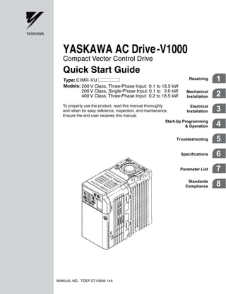 YASKAWA AC Drive-V1000
   Compact Vector Control Drive
   Quick Start Guide
   Type: CIMR-VU                                                        Receiving     1
   Models: 200 V Class, Three-Phase Input: 0.1 to 18.5 kW
           200 V Class, Single-Phase Input: 0.1 to 3.0 kW              Mechanical
           400 V Class, Three-Phase Input: 0.2 to 18.5 kW              Installation   2
   To properly use the product, read this manual thoroughly              Electrical
   and retain for easy reference, inspection, and maintenance.         Installation   3
   Ensure the end user receives this manual.
                                                            Start-Up Programming
                                                                      & Operation     4
                                                                 Troubleshooting      5
                                                                    Specifications    6
                                                                   Parameter List     7
                                                                       Standards
                                                                      Compliance      8




MANUAL NO. TOEP C710606 14A
 