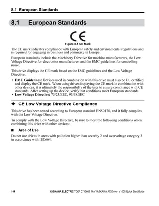 8.1 European Standards


8.1               European Standards
Figure 8.1




                                      Figure 8.1 CE Mark
The CE mark indicates compliance with European safety and environmental regulations and
is required for engaging in business and commerce in Europe.
European standards include the Machinery Directive for machine manufacturers, the Low
Voltage Directive for electronics manufacturers and the EMC guidelines for controlling
noise.
This drive displays the CE mark based on the EMC guidelines and the Low Voltage
Directive.
 • EMC Guidelines: Devices used in combination with this drive must also be CE certified
   and display the CE mark. When using drives displaying the CE mark in combination with
   other devices, it is ultimately the responsibility of the user to ensure compliance with CE
   standards. After setting up the device, verify that conditions meet European standards.
 • Low Voltage Directive: 73/23/EEC, 93/68/EEC

◆ CE Low Voltage Directive Compliance
This drive has been tested according to European standard EN50178, and it fully complies
with the Low Voltage Directive.
To comply with the Low Voltage Directive, be sure to meet the following conditions when
combining this drive with other devices:
■            Area of Use
Do not use drives in areas with pollution higher than severity 2 and overvoltage category 3
in accordance with IEC664.




144                        YASKAWA ELECTRIC TOEP C710606 14A YASKAWA AC Drive - V1000 Quick Start Guide
 