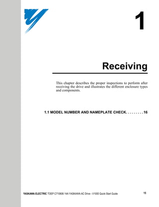 1
                                                               Receiving
                          This chapter describes the proper inspections to perform after
                          receiving the drive and illustrates the different enclosure types
                          and components.




                1.1 MODEL NUMBER AND NAMEPLATE CHECK. . . . . . . . . 16




YASKAWA ELECTRIC TOEP C710606 14A YASKAWA AC Drive - V1000 Quick Start Guide            15
 