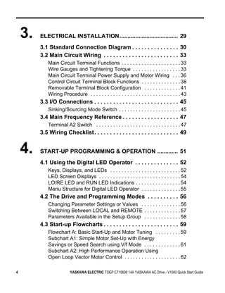 3.   ELECTRICAL INSTALLATION..................................... 29
         3.1 Standard Connection Diagram . . . . . . . . . . . . . . . 30
         3.2 Main Circuit Wiring . . . . . . . . . . . . . . . . . . . . . . . . 33
             Main Circuit Terminal Functions . . . . . . . . . . . . . . . . . . . . . 33
             Wire Gauges and Tightening Torque . . . . . . . . . . . . . . . . . 33
             Main Circuit Terminal Power Supply and Motor Wiring . . . 36
             Control Circuit Terminal Block Functions . . . . . . . . . . . . . . 38
             Removable Terminal Block Configuration . . . . . . . . . . . . . 41
             Wiring Procedure . . . . . . . . . . . . . . . . . . . . . . . . . . . . . . . . 43
         3.3 I/O Connections . . . . . . . . . . . . . . . . . . . . . . . . . . . 45
             Sinking/Sourcing Mode Switch . . . . . . . . . . . . . . . . . . . . . . 45
         3.4 Main Frequency Reference . . . . . . . . . . . . . . . . . . 47
             Terminal A2 Switch . . . . . . . . . . . . . . . . . . . . . . . . . . . . . . 47
         3.5 Wiring Checklist. . . . . . . . . . . . . . . . . . . . . . . . . . . 49


    4.   START-UP PROGRAMMING & OPERATION ............. 51
         4.1 Using the Digital LED Operator . . . . . . . . . . . . . . 52
             Keys, Displays, and LEDs . . . . . . . . . . . . . . . . . . . . . . . . . 52
             LED Screen Displays . . . . . . . . . . . . . . . . . . . . . . . . . . . . . 54
             LO/RE LED and RUN LED Indications . . . . . . . . . . . . . . . . 54
             Menu Structure for Digital LED Operator . . . . . . . . . . . . . . 55
         4.2 The Drive and Programming Modes . . . . . . . . . . 56
             Changing Parameter Settings or Values . . . . . . . . . . . . . . 56
             Switching Between LOCAL and REMOTE . . . . . . . . . . . . . 57
             Parameters Available in the Setup Group . . . . . . . . . . . . . 58
         4.3 Start-up Flowcharts . . . . . . . . . . . . . . . . . . . . . . . . 59
             Flowchart A: Basic Start-Up and Motor Tuning . . . . . . . . . 59
             Subchart A1: Simple Motor Set-Up with Energy
             Savings or Speed Search using V/f Mode . . . . . . . . . . . . . 61
             Subchart A2: High Performance Operation Using
             Open Loop Vector Motor Control . . . . . . . . . . . . . . . . . . . . 62

4                         YASKAWA ELECTRIC TOEP C710606 14A YASKAWA AC Drive - V1000 Quick Start Guide
 