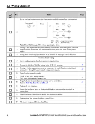 3.5 Wiring Checklist


       No.                                             Item                                                Page

             Set up overload protection circuits when running multiple motors from a single drive.

                    Power supply             Drive                   MC1         OL1
                                                                                        M1

                                                                     MC2         OL2
       14                                                                               M2

                                                                     MCn         OLn
                                                                                        Mn

                                                              MC1 - MCn ... magnetic contactor
                                                              O L 1 - OLn ... thermal relay
             Note: Close MC1 through MCn before operating the drive.
             If using a braking resistor or dynamic braking resistor unit, install a magnetic contactor.
       15    Properly install the resistor, and ensure that overload protection shuts off the power
             supply.
       16    Verify phase advancing capacitors are NOT installed on the output side of the drive.
                                           Control circuit wiring
       17    Use twisted-pair cables for all drive control circuit wiring.

       18    Ground the shields of shielded wiring to the GND         terminal.                             46
             If using a 3-wire sequence, properly set parameters for multi-function contact input
       19                                                                                                   32
             terminals S1 through S7, and properly wire control circuits.
       20    Properly wire any option cards.
             Check for any other wiring mistakes.
       21                                                                                                   -
             Only use a multimeter to check wiring.
             Properly fasten the control circuit terminal screws in the drive.
       22                                                                                                   33
             Refer to Table 3.2, Table 3.3 or Table 3.4.
       23    Pick up all wire clippings.
             Ensure that no frayed wires on the terminal block are touching other terminals or
       24
             connections.
       25    Properly separate control circuit wiring and main circuit wiring.

       26    Analog signal line wiring should not exceed 10 m.

       27    All other wiring should be less than 50 m.




50                          YASKAWA ELECTRIC TOEP C710606 14A YASKAWA AC Drive - V1000 Quick Start Guide
 