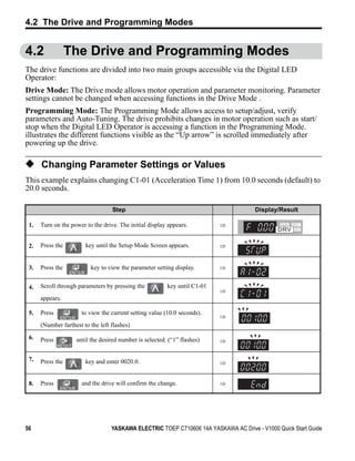 4.2 The Drive and Programming Modes


4.2               The Drive and Programming Modes
The drive functions are divided into two main groups accessible via the Digital LED
Operator:
Drive Mode: The Drive mode allows motor operation and parameter monitoring. Parameter
settings cannot be changed when accessing functions in the Drive Mode .
Programming Mode: The Programming Mode allows access to setup/adjust, verify
parameters and Auto-Tuning. The drive prohibits changes in motor operation such as start/
stop when the Digital LED Operator is accessing a function in the Programming Mode.
illustrates the different functions visible as the “Up arrow” is scrolled immediately after
powering up the drive.

◆ Changing Parameter Settings or Values
This example explains changing C1-01 (Acceleration Time 1) from 10.0 seconds (default) to
20.0 seconds.

                                   Step                                               Display/Result

 1.   Turn on the power to the drive. The initial display appears.          ⇒


 2.   Press the         key until the Setup Mode Screen appears.            ⇒


 3.   Press the           key to view the parameter setting display.        ⇒


 4.   Scroll through parameters by pressing the           key until C1-01
                                                                            ⇒
      appears.

 5.   Press            to view the current setting value (10.0 seconds).
                                                                            ⇒
      (Number farthest to the left flashes)
 6.   Press         until the desired number is selected. (“1” flashes)     ⇒

 7.   Press the         key and enter 0020.0.                               ⇒


 8.   Press            and the drive will confirm the change.               ⇒




56                                 YASKAWA ELECTRIC TOEP C710606 14A YASKAWA AC Drive - V1000 Quick Start Guide
 