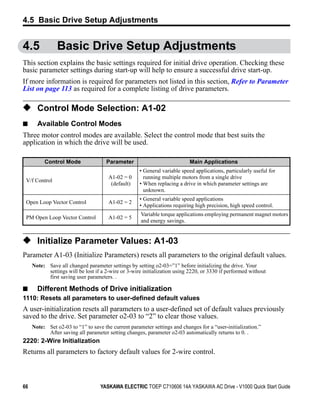 4.5 Basic Drive Setup Adjustments


4.5             Basic Drive Setup Adjustments
This section explains the basic settings required for initial drive operation. Checking these
basic parameter settings during start-up will help to ensure a successful drive start-up.
If more information is required for parameters not listed in this section, Refer to Parameter
List on page 113 as required for a complete listing of drive parameters.

◆ Control Mode Selection: A1-02
■      Available Control Modes
Three motor control modes are available. Select the control mode that best suits the
application in which the drive will be used.

          Control Mode                Parameter                            Main Applications
                                                     • General variable speed applications, particularly useful for
                                       A1-02 = 0       running multiple motors from a single drive
 V/f Control
                                        (default)    • When replacing a drive in which parameter settings are
                                                       unknown.
                                                     • General variable speed applications
 Open Loop Vector Control              A1-02 = 2
                                                     • Applications requiring high precision, high speed control.
                                                     Variable torque applications employing permanent magnet motors
 PM Open Loop Vector Control           A1-02 = 5
                                                     and energy savings.


◆ Initialize Parameter Values: A1-03
Parameter A1-03 (Initialize Parameters) resets all parameters to the original default values.
     Note: Save all changed parameter settings by setting o2-03=”1” before initializing the drive. Your
           settings will be lost if a 2-wire or 3-wire initialization using 2220, or 3330 if performed without
           first saving user parameters. .

■ Different Methods of Drive initialization
1110: Resets all parameters to user-defined default values
A user-initialization resets all parameters to a user-defined set of default values previously
saved to the drive. Set parameter o2-03 to “2” to clear those values.
     Note: Set o2-03 to “1” to save the current parameter settings and changes for a “user-initialization.”
           After saving all parameter setting changes, parameter o2-03 automatically returns to 0. .
2220: 2-Wire Initialization
Returns all parameters to factory default values for 2-wire control.



66                                 YASKAWA ELECTRIC TOEP C710606 14A YASKAWA AC Drive - V1000 Quick Start Guide
 