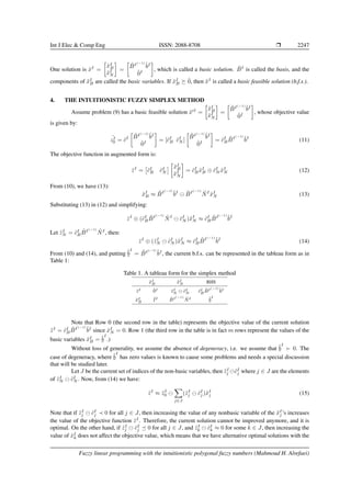 Int J Elec  Comp Eng ISSN: 2088-8708 ❒ 2247
One solution is x̃I
=

x̃I
B
x̃I
N

=

B̃I(−1)
b̃I
0̃I

, which is called a basic solution. B̃I
is called the basis, and the
components of x̃I
B are called the basic variables. If x̃I
B ⪰ 0̃, then x̃I
is called a basic feasible solution (b.f.s.).
4. THE INTUITIONISTIC FUZZY SIMPLEX METHOD
Assume problem (9) has a basic feasible solution x̃′I
=

x̃I
B
x̃I
N

=

B̃I(−1)
b̃I
0̃I

, whose objective value
is given by:
˜
zI
0 = c̃I

B̃I(−1)
b̃I
0̃I

= [c̃I
B c̃I
N ]

B̃I(−1)
b̃I
0̃I

= c̃I
BB̃I(−1)
b̃I
(11)
The objective function in augmented form is:
z̃I
=

c̃I
B c̃I
N


x̃I
B
x̃I
N

= c̃I
Bx̃I
B ⊕ c̃I
N x̃I
N (12)
From (10), we have (13):
x̃I
B ≈ B̃I(−1)
b̃I
⊖ B̃I(−1)
ÑI
x̃I
N (13)
Substituting (13) in (12) and simplifying:
z̃I
⊕ (c̃I
BB̃I(−1)
ÑI
⊖ c̃I
N )x̃I
N ≈ c̃I
BB̃I(−1)
b̃I
Let z̃I
N = c̃I
BB̃I(−1)
ÑI
, then:
z̃I
⊕ (z̃I
N ⊖ c̃I
N )x̃I
N ≈ c̃I
BB̃I(−1)
b̃I
(14)
From (10) and (14), and putting b̃
I
= B̃I(−1)
b̃I
, the current b.f.s. can be represented in the tableau form as in
Table 1:
Table 1. A tableau form for the simplex method
x̃I
B x̃I
N RHS
z̃I 0̃I z̃I
N ⊖ c̃I
N c̃I
BB̃I(−1)
b̃I
x̃I
B
˜
II B̃I(−1)
ÑI b̃
I
Note that Row 0 (the second row in the table) represents the objective value of the current solution
z̃I
= c̃I
BB̃I(−1)
b̃I
since x̃I
N = 0. Row 1 (the third row in the table is in fact m rows represent the values of the
basic variables x̃I
B = b̃
I
.)
Without loss of generality, we assume the absence of degeneracy, i.e. we assume that b̃
I
≻ 0. The
case of degeneracy, where b̃
I
has zero values is known to cause some problems and needs a special discussion
that will be studied later.
Let J be the current set of indices of the non-basic variables, then z̃I
j ⊖c̃I
j where j ∈ J are the elements
of z̃I
N ⊖ c̃I
N . Now, from (14) we have:
z̃I
≈ z̃I
0 ⊖
X
j∈J
(z̃I
j ⊖ c̃I
j )x̃I
j (15)
Note that if z̃I
j ⊖ c̃I
j ≺ 0 for all j ∈ J, then increasing the value of any nonbasic variable of the x̃I
j ’s increases
the value of the objective function z̃I
. Therefore, the current solution cannot be improved anymore, and it is
optimal. On the other hand, if z̃I
j ⊖ c̃I
j ⪯ 0 for all j ∈ J, and z̃I
k ⊖ c̃I
k ≈ 0 for some k ∈ J, then increasing the
value of x̃I
k does not affect the objective value, which means that we have alternative optimal solutions with the
Fuzzy linear programming with the intuitionistic polygonal fuzzy numbers (Mahmoud H. Alrefaei)
 