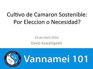 Cul$vo	
  de	
  Camaron	
  Sostenible:	
  	
  	
  	
  
Por	
  Eleccion	
  o	
  Necesidad?	
  
19	
  de	
  Abril	
  2016	
  
David	
  Kawahigashi	
  
 