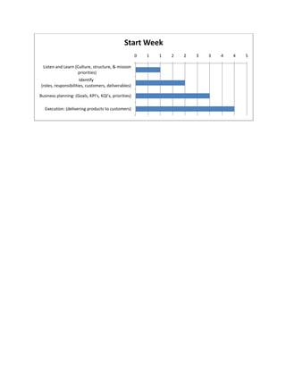 Start Week
                                                       0   1   1   2   2   3   3   4   4   5

  Listen and Learn (Culture, structure, & mission
                     priorities)
                      Identify
(roles, responsibilities, customers, deliverables)

Business planning: (Goals, KPI's, KQI's, priorities)

   Execution: (delivering products to customers)
 