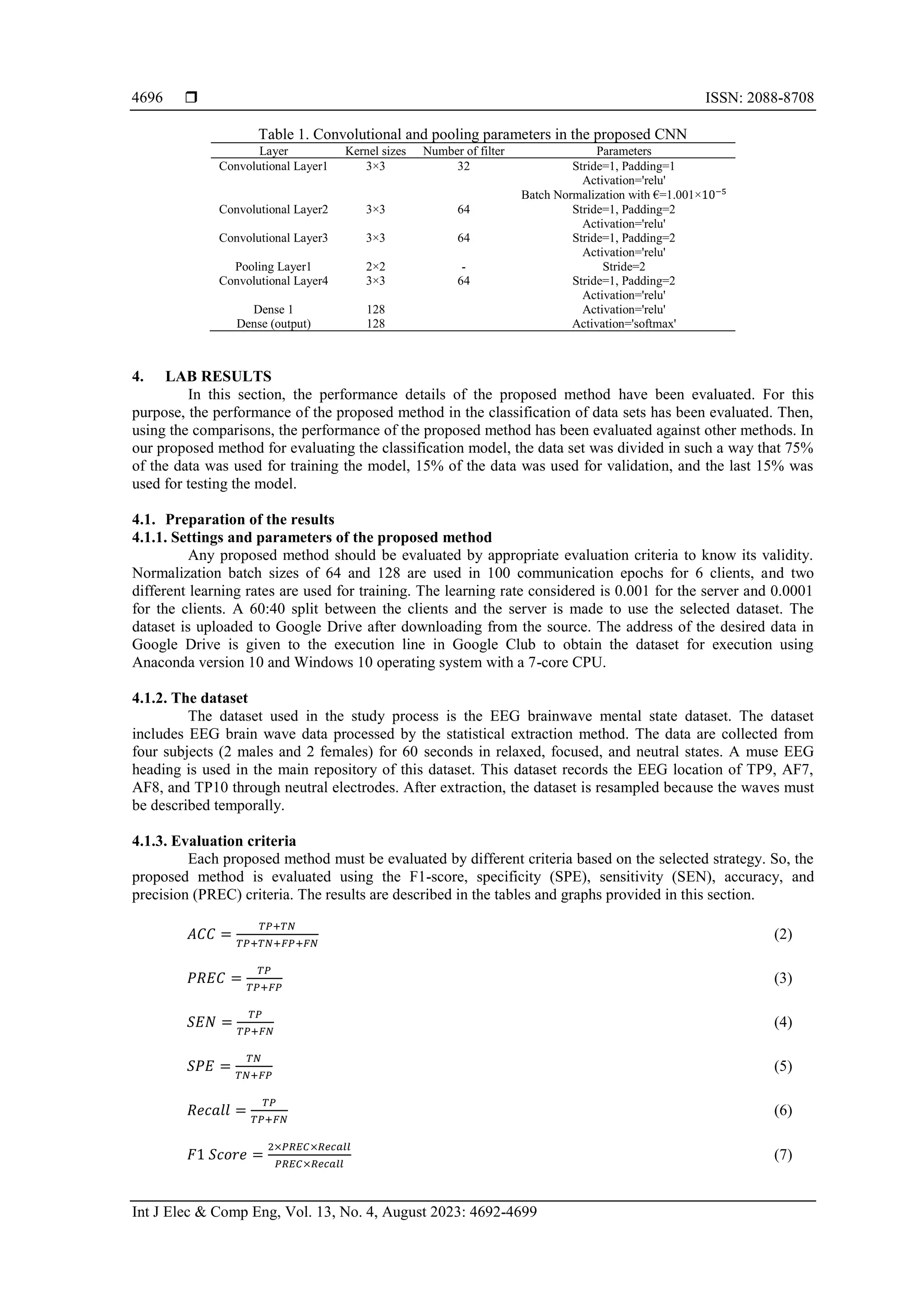  ISSN: 2088-8708
Int J Elec & Comp Eng, Vol. 13, No. 4, August 2023: 4692-4699
4696
Table 1. Convolutional and pooling parameters in the proposed CNN
Layer Kernel sizes Number of filter Parameters
Convolutional Layer1 3×3 32 Stride=1, Padding=1
Activation='relu'
Batch Normalization with €=1.001×10−5
Convolutional Layer2 3×3 64 Stride=1, Padding=2
Activation='relu'
Convolutional Layer3 3×3 64 Stride=1, Padding=2
Activation='relu'
Pooling Layer1 2×2 - Stride=2
Convolutional Layer4 3×3 64 Stride=1, Padding=2
Activation='relu'
Dense 1 128 Activation='relu'
Dense (output) 128 Activation='softmax'
4. LAB RESULTS
In this section, the performance details of the proposed method have been evaluated. For this
purpose, the performance of the proposed method in the classification of data sets has been evaluated. Then,
using the comparisons, the performance of the proposed method has been evaluated against other methods. In
our proposed method for evaluating the classification model, the data set was divided in such a way that 75%
of the data was used for training the model, 15% of the data was used for validation, and the last 15% was
used for testing the model.
4.1. Preparation of the results
4.1.1. Settings and parameters of the proposed method
Any proposed method should be evaluated by appropriate evaluation criteria to know its validity.
Normalization batch sizes of 64 and 128 are used in 100 communication epochs for 6 clients, and two
different learning rates are used for training. The learning rate considered is 0.001 for the server and 0.0001
for the clients. A 60:40 split between the clients and the server is made to use the selected dataset. The
dataset is uploaded to Google Drive after downloading from the source. The address of the desired data in
Google Drive is given to the execution line in Google Club to obtain the dataset for execution using
Anaconda version 10 and Windows 10 operating system with a 7-core CPU.
4.1.2. The dataset
The dataset used in the study process is the EEG brainwave mental state dataset. The dataset
includes EEG brain wave data processed by the statistical extraction method. The data are collected from
four subjects (2 males and 2 females) for 60 seconds in relaxed, focused, and neutral states. A muse EEG
heading is used in the main repository of this dataset. This dataset records the EEG location of TP9, AF7,
AF8, and TP10 through neutral electrodes. After extraction, the dataset is resampled because the waves must
be described temporally.
4.1.3. Evaluation criteria
Each proposed method must be evaluated by different criteria based on the selected strategy. So, the
proposed method is evaluated using the F1-score, specificity (SPE), sensitivity (SEN), accuracy, and
precision (PREC) criteria. The results are described in the tables and graphs provided in this section.
𝐴𝐶𝐶 =
𝑇𝑃+𝑇𝑁
𝑇𝑃+𝑇𝑁+𝐹𝑃+𝐹𝑁
(2)
𝑃𝑅𝐸𝐶 =
𝑇𝑃
𝑇𝑃+𝐹𝑃
(3)
𝑆𝐸𝑁 =
𝑇𝑃
𝑇𝑃+𝐹𝑁
(4)
𝑆𝑃𝐸 =
𝑇𝑁
𝑇𝑁+𝐹𝑃
(5)
𝑅𝑒𝑐𝑎𝑙𝑙 =
𝑇𝑃
𝑇𝑃+𝐹𝑁
(6)
𝐹1 𝑆𝑐𝑜𝑟𝑒 =
2×𝑃𝑅𝐸𝐶×𝑅𝑒𝑐𝑎𝑙𝑙
𝑃𝑅𝐸𝐶×𝑅𝑒𝑐𝑎𝑙𝑙
(7)
 