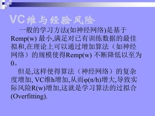 һѧϰ()ǻ
Remp(w) С,ѵݵ
,Ͽͨ㷨
磩ĹģʹRemp(w) ϽΪ
0
,ʹ㷨磩ĸ
, VCάh,Ӷ(n/h),ʵ
ʷR(w),ѧϰ㷨Ĺ
(Overfitting).
VCά뾭
 