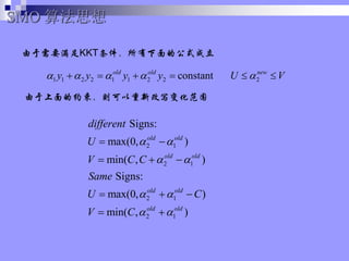 ҪKKTĹʽ
1 1 2 2 1 1 2 2 constant
old old
y y y y
? ? ? ?
? ? ? ?
SMO 㷨˼
2
new
U V
?
? ?
2 1
2 1
2 1
2 1
Signs:
max(0, )
min( , )
Signs:
max(0, )
min( , )
old old
old old
old old
old old
different
U
V C C
Same
U C
V C
? ?
? ?
? ?
? ?
? ?
? ? ?
? ? ?
? ?
Լ¸д仯Χ
 