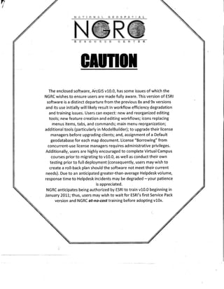 ESRI ArcGIS 10 letter of caution by NGRC