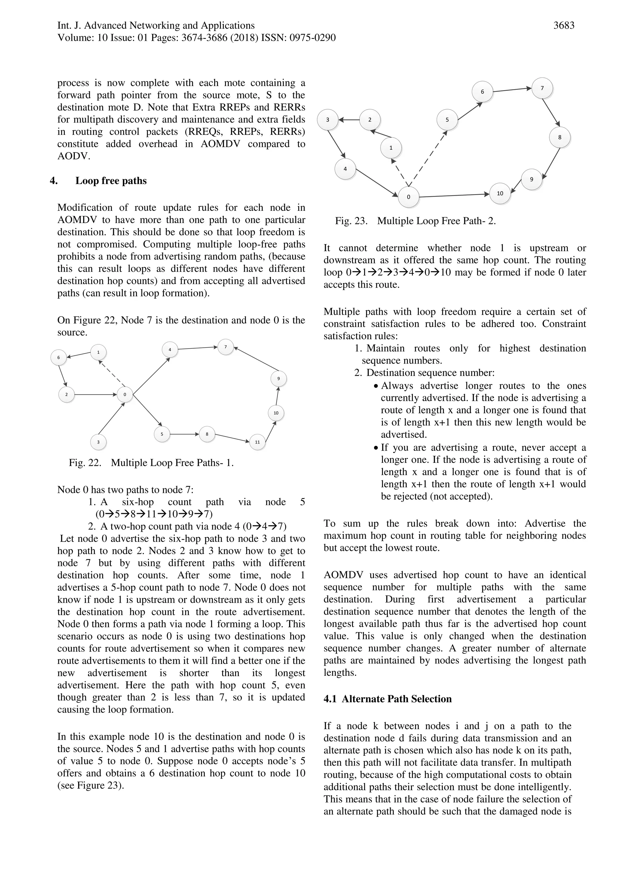Int. J. Advanced Networking and Applications
Volume: 10 Issue: 01 Pages: 3674-3686 (2018) ISSN: 0975-0290
3683
process is now complete with each mote containing a
forward path pointer from the source mote, S to the
destination mote D. Note that Extra RREPs and RERRs
for multipath discovery and maintenance and extra fields
in routing control packets (RREQs, RREPs, RERRs)
constitute added overhead in AOMDV compared to
AODV.
4. Loop free paths
Modification of route update rules for each node in
AOMDV to have more than one path to one particular
destination. This should be done so that loop freedom is
not compromised. Computing multiple loop-free paths
prohibits a node from advertising random paths, (because
this can result loops as different nodes have different
destination hop counts) and from accepting all advertised
paths (can result in loop formation).
On Figure 22, Node 7 is the destination and node 0 is the
source.
1
0
6
2
3
85
11
10
9
4
7
Fig. 22. Multiple Loop Free Paths- 1.
Node 0 has two paths to node 7:
1. A six-hop count path via node 5
(058111097)
2. A two-hop count path via node 4 (047)
Let node 0 advertise the six-hop path to node 3 and two
hop path to node 2. Nodes 2 and 3 know how to get to
node 7 but by using different paths with different
destination hop counts. After some time, node 1
advertises a 5-hop count path to node 7. Node 0 does not
know if node 1 is upstream or downstream as it only gets
the destination hop count in the route advertisement.
Node 0 then forms a path via node 1 forming a loop. This
scenario occurs as node 0 is using two destinations hop
counts for route advertisement so when it compares new
route advertisements to them it will find a better one if the
new advertisement is shorter than its longest
advertisement. Here the path with hop count 5, even
though greater than 2 is less than 7, so it is updated
causing the loop formation.
In this example node 10 is the destination and node 0 is
the source. Nodes 5 and 1 advertise paths with hop counts
of value 5 to node 0. Suppose node 0 accepts node’s 5
offers and obtains a 6 destination hop count to node 10
(see Figure 23).
1
0
6
23
8
5
10
9
4
7
Fig. 23. Multiple Loop Free Path- 2.
It cannot determine whether node 1 is upstream or
downstream as it offered the same hop count. The routing
loop 01234010 may be formed if node 0 later
accepts this route.
Multiple paths with loop freedom require a certain set of
constraint satisfaction rules to be adhered too. Constraint
satisfaction rules:
1. Maintain routes only for highest destination
sequence numbers.
2. Destination sequence number:
 Always advertise longer routes to the ones
currently advertised. If the node is advertising a
route of length x and a longer one is found that
is of length x+1 then this new length would be
advertised.
 If you are advertising a route, never accept a
longer one. If the node is advertising a route of
length x and a longer one is found that is of
length x+1 then the route of length x+1 would
be rejected (not accepted).
To sum up the rules break down into: Advertise the
maximum hop count in routing table for neighboring nodes
but accept the lowest route.
AOMDV uses advertised hop count to have an identical
sequence number for multiple paths with the same
destination. During first advertisement a particular
destination sequence number that denotes the length of the
longest available path thus far is the advertised hop count
value. This value is only changed when the destination
sequence number changes. A greater number of alternate
paths are maintained by nodes advertising the longest path
lengths.
4.1 Alternate Path Selection
If a node k between nodes i and j on a path to the
destination node d fails during data transmission and an
alternate path is chosen which also has node k on its path,
then this path will not facilitate data transfer. In multipath
routing, because of the high computational costs to obtain
additional paths their selection must be done intelligently.
This means that in the case of node failure the selection of
an alternate path should be such that the damaged node is
 