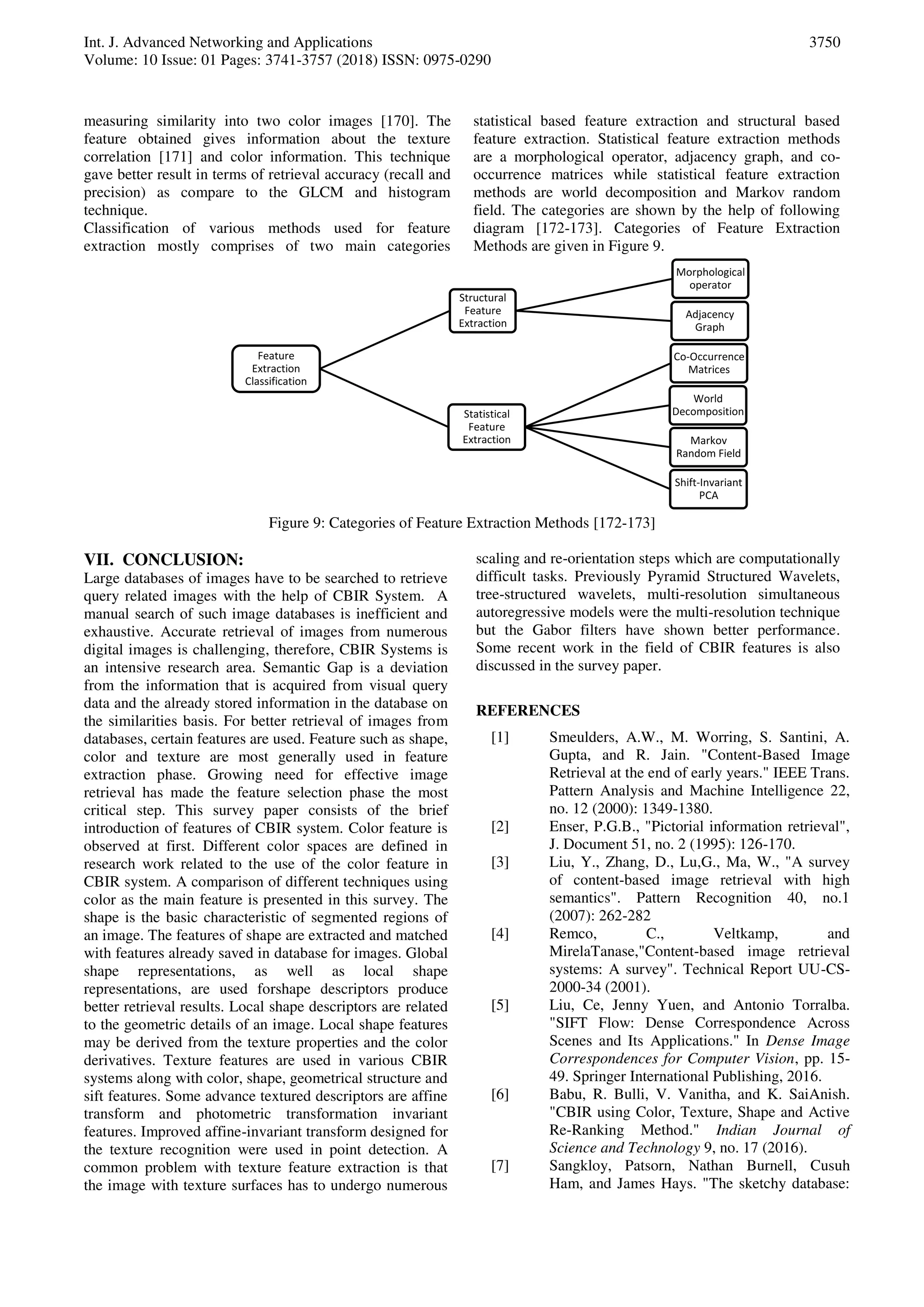 Int. J. Advanced Networking and Applications
Volume: 10 Issue: 01 Pages: 3741-3757 (2018) ISSN: 0975-0290
3750
measuring similarity into two color images [170]. The
feature obtained gives information about the texture
correlation [171] and color information. This technique
gave better result in terms of retrieval accuracy (recall and
precision) as compare to the GLCM and histogram
technique.
Classification of various methods used for feature
extraction mostly comprises of two main categories
statistical based feature extraction and structural based
feature extraction. Statistical feature extraction methods
are a morphological operator, adjacency graph, and co-
occurrence matrices while statistical feature extraction
methods are world decomposition and Markov random
field. The categories are shown by the help of following
diagram [172-173]. Categories of Feature Extraction
Methods are given in Figure 9.
Figure 9: Categories of Feature Extraction Methods [172-173]
VII. CONCLUSION:
Large databases of images have to be searched to retrieve
query related images with the help of CBIR System. A
manual search of such image databases is inefficient and
exhaustive. Accurate retrieval of images from numerous
digital images is challenging, therefore, CBIR Systems is
an intensive research area. Semantic Gap is a deviation
from the information that is acquired from visual query
data and the already stored information in the database on
the similarities basis. For better retrieval of images from
databases, certain features are used. Feature such as shape,
color and texture are most generally used in feature
extraction phase. Growing need for effective image
retrieval has made the feature selection phase the most
critical step. This survey paper consists of the brief
introduction of features of CBIR system. Color feature is
observed at first. Different color spaces are defined in
research work related to the use of the color feature in
CBIR system. A comparison of different techniques using
color as the main feature is presented in this survey. The
shape is the basic characteristic of segmented regions of
an image. The features of shape are extracted and matched
with features already saved in database for images. Global
shape representations, as well as local shape
representations, are used forshape descriptors produce
better retrieval results. Local shape descriptors are related
to the geometric details of an image. Local shape features
may be derived from the texture properties and the color
derivatives. Texture features are used in various CBIR
systems along with color, shape, geometrical structure and
sift features. Some advance textured descriptors are affine
transform and photometric transformation invariant
features. Improved affine-invariant transform designed for
the texture recognition were used in point detection. A
common problem with texture feature extraction is that
the image with texture surfaces has to undergo numerous
scaling and re-orientation steps which are computationally
difficult tasks. Previously Pyramid Structured Wavelets,
tree-structured wavelets, multi-resolution simultaneous
autoregressive models were the multi-resolution technique
but the Gabor filters have shown better performance.
Some recent work in the field of CBIR features is also
discussed in the survey paper.
REFERENCES
[1] Smeulders, A.W., M. Worring, S. Santini, A.
Gupta, and R. Jain. "Content-Based Image
Retrieval at the end of early years." IEEE Trans.
Pattern Analysis and Machine Intelligence 22,
no. 12 (2000): 1349-1380.
[2] Enser, P.G.B., "Pictorial information retrieval",
J. Document 51, no. 2 (1995): 126-170.
[3] Liu, Y., Zhang, D., Lu,G., Ma, W., "A survey
of content-based image retrieval with high
semantics". Pattern Recognition 40, no.1
(2007): 262-282
[4] Remco, C., Veltkamp, and
MirelaTanase,"Content-based image retrieval
systems: A survey". Technical Report UU-CS-
2000-34 (2001).
[5] Liu, Ce, Jenny Yuen, and Antonio Torralba.
"SIFT Flow: Dense Correspondence Across
Scenes and Its Applications." In Dense Image
Correspondences for Computer Vision, pp. 15-
49. Springer International Publishing, 2016.
[6] Babu, R. Bulli, V. Vanitha, and K. SaiAnish.
"CBIR using Color, Texture, Shape and Active
Re-Ranking Method." Indian Journal of
Science and Technology 9, no. 17 (2016).
[7] Sangkloy, Patsorn, Nathan Burnell, Cusuh
Ham, and James Hays. "The sketchy database:
Feature
Extraction
Classification
Structural
Feature
Extraction
Morphological
operator
Adjacency
Graph
Statistical
Feature
Extraction
Co-Occurrence
Matrices
World
Decomposition
Markov
Random Field
Shift-Invariant
PCA
 