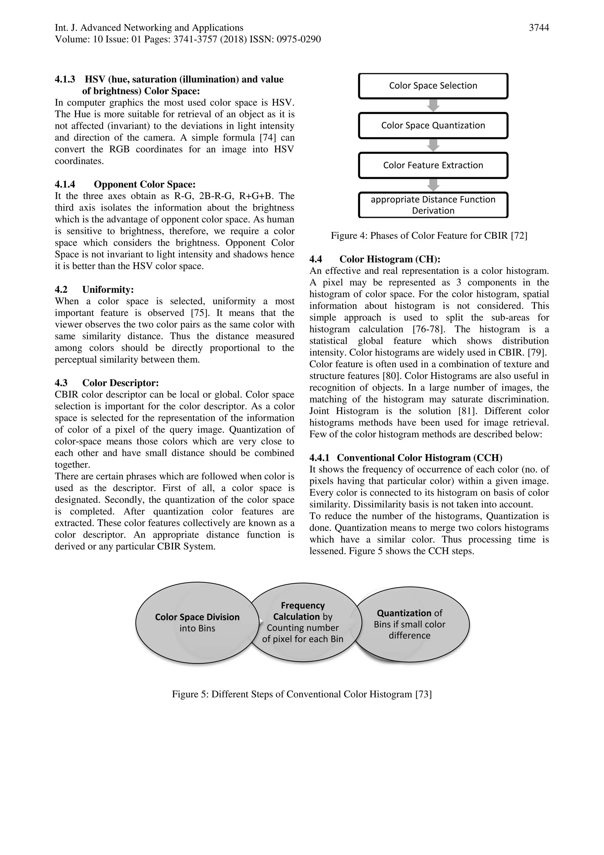 Int. J. Advanced Networking and Applications
Volume: 10 Issue: 01 Pages: 3741-3757 (2018) ISSN: 0975-0290
3744
4.1.3 HSV (hue, saturation (illumination) and value
of brightness) Color Space:
In computer graphics the most used color space is HSV.
The Hue is more suitable for retrieval of an object as it is
not affected (invariant) to the deviations in light intensity
and direction of the camera. A simple formula [74] can
convert the RGB coordinates for an image into HSV
coordinates.
4.1.4 Opponent Color Space:
It the three axes obtain as R-G, 2B-R-G, R+G+B. The
third axis isolates the information about the brightness
which is the advantage of opponent color space. As human
is sensitive to brightness, therefore, we require a color
space which considers the brightness. Opponent Color
Space is not invariant to light intensity and shadows hence
it is better than the HSV color space.
4.2 Uniformity:
When a color space is selected, uniformity a most
important feature is observed [75]. It means that the
viewer observes the two color pairs as the same color with
same similarity distance. Thus the distance measured
among colors should be directly proportional to the
perceptual similarity between them.
4.3 Color Descriptor:
CBIR color descriptor can be local or global. Color space
selection is important for the color descriptor. As a color
space is selected for the representation of the information
of color of a pixel of the query image. Quantization of
color-space means those colors which are very close to
each other and have small distance should be combined
together.
There are certain phrases which are followed when color is
used as the descriptor. First of all, a color space is
designated. Secondly, the quantization of the color space
is completed. After quantization color features are
extracted. These color features collectively are known as a
color descriptor. An appropriate distance function is
derived or any particular CBIR System.
Figure 4: Phases of Color Feature for CBIR [72]
4.4 Color Histogram (CH):
An effective and real representation is a color histogram.
A pixel may be represented as 3 components in the
histogram of color space. For the color histogram, spatial
information about histogram is not considered. This
simple approach is used to split the sub-areas for
histogram calculation [76-78]. The histogram is a
statistical global feature which shows distribution
intensity. Color histograms are widely used in CBIR. [79].
Color feature is often used in a combination of texture and
structure features [80]. Color Histograms are also useful in
recognition of objects. In a large number of images, the
matching of the histogram may saturate discrimination.
Joint Histogram is the solution [81]. Different color
histograms methods have been used for image retrieval.
Few of the color histogram methods are described below:
4.4.1 Conventional Color Histogram (CCH)
It shows the frequency of occurrence of each color (no. of
pixels having that particular color) within a given image.
Every color is connected to its histogram on basis of color
similarity. Dissimilarity basis is not taken into account.
To reduce the number of the histograms, Quantization is
done. Quantization means to merge two colors histograms
which have a similar color. Thus processing time is
lessened. Figure 5 shows the CCH steps.
Figure 5: Different Steps of Conventional Color Histogram [73]
Color Space Selection
Color Space Quantization
Color Feature Extraction
appropriate Distance Function
Derivation
Quantization of
Bins if small color
difference
Frequency
Calculation by
Counting number
of pixel for each Bin
Color Space Division
into Bins
 