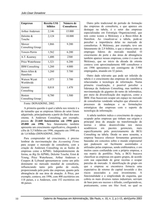 Julio Cesar Donadone
Caderno de Pesquisas em Administração, São Paulo, v. 10, n. 2, p.1-15, abril/junho 200310
Empresas Receita US$
bilhões
Número de
Consultores
Arthur Andersen 2,146 15.000
Deloitte &
Touche
2,124 10.000
Mercer
Consulting Group
1,866 9.200
Towers Perrin 1,562 6.200
A.T. Kearney 1,400 2300
Price Waterhouse 1,321 6.200
IBM Consulting 1,260 4.000
Booz-Allen &
Hamilton
1,260 5.700
Watson Wyatt
Worldwide
1,073 3.700
Gemini
Consulting
0,818 1.470
Boston
Consulting Group
0,780 1.500
Fonte: DONADONE, 2002.
A primeira questão à qual a tabela nos remete é a
do tamanho que as empresas líderes do setor foram
adquirindo, principalmente a partir do final dos anos
oitenta. A Andersen Consulting, por exemplo,
passou de 21.660 funcionários em 1990 para
45.000 em 1996. Seu faturamento também
apresenta um crescimento significativo, chegando à
cifra de 5,3 bilhões em 1996, enquanto em 1990 era
de 1,6 bilhão (DONADONE, 2002).
Para compreender tal crescimento, é preciso
lembrar da movimentação das Accounting Firms
para ocupar o mercado de consultoria, com a
criação da Andersen Consulting ou as fusões de
empresas como a KPMG. Independentemente da
forma, as Big Six KPMG, Deloitte Touche, Ernst &
Young, Price Waterhouse, Arthur Andersen e
Coopers & Lybrand apresentam-se como um pólo
dominante no mercado mundial de consultoria,
influenciando tanto pelo ganho de escala,
proporcionado pelo porte das empresas, quanto pela
abrangência de sua área de atuação. A Price, por
exemplo, contava, em 1996, com 400 escritórios em
118 países, e a Andersen, com 152 escritórios em
46 países.
Outro pólo tradicional do período de formação
das empresas de consultoria, e que aparece em
destaque na tabela, é o setor das empresas
especializadas em Estratégia Organizacional, que
tem como ícones a Mckinsey e a Booz-Allen &
Hamilton. Ao visualizar-se a tabela, pode-se
perceber a importância delas no mercado de
consultorias. A Mckinsey, por exemplo, teve um
faturamento de 2,9 bilhões, o que a situava entre as
empregas líderes do mercado mundial. O
crescimento do porte e das áreas de abrangência
também aparece nessas empresas, como é o caso da
Mckinsey, que no início da década de oitenta
contava com aproximadamente 600 consultores e
em 1996 apresentava um contingente de 3.900
empregados, atuando em 32 países.
Outro dado relevante que pode ser inferido da
tabela é o crescimento das empresas de consultoria
relacionadas à tecnologia de informação. Numa
primeira visualização, é possível perceber a
liderança da Andersen Consulting, mas também a
movimentação de gigantes do ramo de informática,
por meio da diversificação dos negócios, como a
IBM. Elas buscavam ocupar um espaço no mercado
de consultorias vendendo soluções que aliassem os
processos de mudanças e as formulações
estratégicas das empresas com o suporte da
tecnologia de informação.
A tabela também indica o crescimento do espaço
ocupado pelas empresas que tinham sua origem e
principal área de atuação na transformação de
teorias e idéias desenvolvidas nos meios
acadêmicos em pacotes gerenciais, mais
especificamente pelo posicionamento da BCG
Consulting na tabela. Desde os anos sessenta, a
empresa buscava oferecer ferramentas gerenciais
baseadas em conceitos sobre o mundo empresarial
que pudessem ser facilmente assimilados e
utilizados pelas empresas, sendo emblemática, e em
muitos casos confundida com a própria empresa, a
sua matriz de portfólio. Nela, a BCG buscava
classificar as empresas em quatro grupos, de acordo
com sua capacidade de gerar receitas e ocupar
parcelas de mercado. A identificação do grupo em
que a empresa se encontrava fornecia uma
expectativa de retorno do capital investido e dos
riscos associados a esse investimento. A
funcionalidade e a simplicidade do esquema, que
cobria os mais diversos ramos industriais, serviam
de base para seu sucesso e difusão, configurando-se,
praticamente, como um blue book, no qual os
 