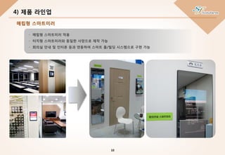 - 매립형 스마트미러 적용
- 터치형 스마트미러와 동일한 사양으로 제작 가능
- 회의실 안내 및 인터폰 등과 연동하여 스마트 홈/빌딩 시스템으로 구현 가능
4) 제품 라인업
10
매립형 스마트미러
 