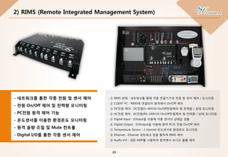 ① RIMS 본체 : 네트워크를 통해 각종 연결기기의 전원 및 센서 제어 / 모니터링
② CLIENT PC : RIMS에 연결되어 원격에서 On/Off 제어
③ DC전원 제어 : DC전원(3~40V)의 On/Off전원제어 및 전력량 / 상태 모니터링
④ AC전원 제어 : AC전원(90~240V)의 On/Off전원제어 및 전력량 / 상태 모니터링
⑤ Digital Input : D/Input을 이용해 각종 센서의 상태값 검출
⑥ Digital Output : D/Output을 이용해 원격 PC의 전원 On/Off 제어
⑦ Temperature Sensor : 2 channel 온도센서로 환경온도 모니터링
⑧ Ethernet : Ethernet 네트워크 망을 통하여 RIMS 제어
⑨ Audio I/O : 내장 AMP를 사용하여 원격에서 오디오 볼륨 제어
2) RIMS (Remote Integrated Management System)
- 네트워크를 통한 각종 전원 및 센서 제어
- 전원 On/Off 제어 및 전력량 모니터링
- PC전원 원격 제어 기능
- 온도센서를 이용한 환경온도 모니터링
- 원격 음량 조절 및 Mute 컨트롤
- Digital I/O를 통한 각종 센서 제어
23
 