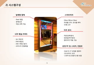 일체형 함체 스마트미러
터치 센서
LCD 패널 (FHD)
운영 PC 및 스피커, 전원부
- Steel 재질
- 분체도장
- 색상 선택 가능
- 10~70인치
- FHD 해상도
- 250~700cd 밝기
- 사이니지 전용패널
- Silver Mirror Glass
- 투과율 33%, 반사율 80%
- 두께 3.2T
- 적외선(IR)방식
- 정전압(PCT)방식
- 멀티터치 적용 가능
- Intel i3~i7 산업용 컴퓨터
- 안드로이드 보드
- 스피커 및 전원시스템 내장
2) 시스템구성
5
 