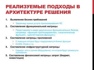 РЕАЛИЗУЕМЫЕ ПОДХОДЫ В
АРХИТЕКТУРЕ РЕШЕНИЯ
1. Выявление бизнес-требований
• Заказчику нужна услуга прогнозирования ЧС
2. Составление функциональной матрицы
• Представляют в виде укрупненных функциональных блоков,
например: «функция прогнозирования», «аналитическая
функция», «диспетчерская функция»)
3. Составление матрицы приложений
• С помощью которых будут поддерживаться бизнес-функции
• ArcGIS, Oracle и т.д.
4. Составление инфраструктурной матрицы
• Сервера, сети и прочее оборудование, на котором будут развернуты
приложения
5. Составление финансовой матрицы затрат (бюджет,
инвестиции)
 
