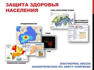 ЗАЩИТА ЗДОРОВЬЯ
НАСЕЛЕНИЯ РИСК ПОЛУЧЕНИЯ ТРАВМ
ДОСТУПНОСТЬ
ИНФОРМАЦИИ
Отравление свинцом
РАК
ЭПИДЕМИОЛОГИЯ
СПИД
ПЛАТФОРМА: ARCGIS
АНАЛИТИЧЕСКОЕ ПО: ABBYY COMPRENO
 