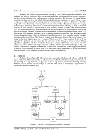  ISSN: 2088-8708
Int J Elec & Comp Eng, Vol. 13, No. 1, February 2023: 1169-1179
1170
Reducing the radiation helps in reducing the risk of cancer. Radiation can be reduced by using
hardware and software techniques. Hardware approaches include the analysis of five exposure parameters
and software approaches involve implementation of distinct algorithms. The exposure to ionizing radiation
may lead to a slight raise in an individual's lifetime risk of originating malignancy or cancer [6]. As a person
is exposed to radiation, risk of developing cancer also increases. Risk is greater in children’s as they have
longer life spans. Possibility of raising cancer boosts with periodic subjection to diagnostics imaging
methodologies. Probability is twofold in case of expecting mothers and in offspring. A baby in the womb
may also be more sensitive to radiation than an adult. Scientific research facilitates better evaluation of the
risks. It is observed that as years pass on radiation dose is reduced. Dose can be reduced by both hardware and
software techniques. Hardware techniques include five important exposure confines namely tube voltage (kV),
tube current (mA), exposure time (ms), focus to detector distance (cm) and filter type. Software approach
involves distinct algorithms. Aim is to minimize noise and import clarity to the image by applying rebuilding
techniques and required filters. If the clarity in image is good, doctors can diagnose the issue of patients. If the
image is clear then radiation dose can be reduced. Objective is: i) To reduce radiation dosage in X-ray,
especially for pediatric use and reduce the risk of cancer; ii) To develop an improved image filtering
algorithm to support the reduction of radiation dose; iii) To identify and filter the various noises present in
images; and iv) To enhance the images for scene visibility, enhance the contrast and edges in the X-ray
images. Scope includes long term health benefits to individuals, health benefits to Oncology patients who are
exposed to radiation therapy, in future, state of art algorithms can be implemented by X-ray manufactures
such as Siemens, Philips and General Electric (GE) for health care application.
2. METHOD
Radiation dose reduction [7] follows two major approaches. Hardware and software methods [8].
Figure 1 illustrates different approaches to radiation reduction. Hardware technique includes modification in
the geometry of X-ray machines. As per data sheets of top medical device manufacturing company,
Radiation induced depends on tube voltage in Kilovolts, tube current in milliamperes, exposure time in
milliseconds, prefilter, and focal spot.
Figure 1. Flowchart - techniques of radiation dose reduction
 