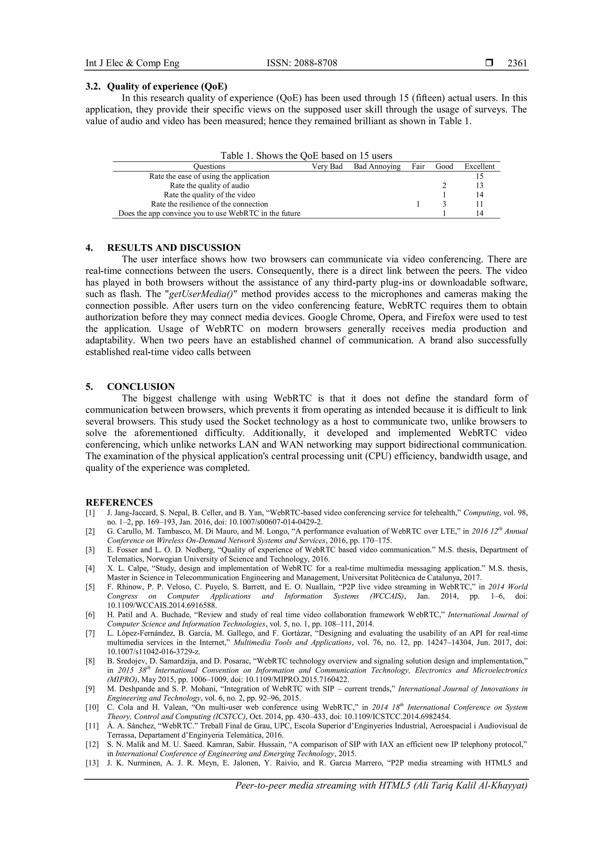 Int J Elec & Comp Eng ISSN: 2088-8708 
Peer-to-peer media streaming with HTML5 (Ali Tariq Kalil Al-Khayyat)
2361
3.2. Quality of experience (QoE)
In this research quality of experience (QoE) has been used through 15 (fifteen) actual users. In this
application, they provide their specific views on the supposed user skill through the usage of surveys. The
value of audio and video has been measured; hence they remained brilliant as shown in Table 1.
Table 1. Shows the QoE based on 15 users
Questions Very Bad Bad Annoying Fair Good Excellent
Rate the ease of using the application 15
Rate the quality of audio 2 13
Rate the quality of the video 1 14
Rate the resilience of the connection 1 3 11
Does the app convince you to use WebRTC in the future 1 14
4. RESULTS AND DISCUSSION
The user interface shows how two browsers can communicate via video conferencing. There are
real-time connections between the users. Consequently, there is a direct link between the peers. The video
has played in both browsers without the assistance of any third-party plug-ins or downloadable software,
such as flash. The "getUserMedia()" method provides access to the microphones and cameras making the
connection possible. After users turn on the video conferencing feature, WebRTC requires them to obtain
authorization before they may connect media devices. Google Chrome, Opera, and Firefox were used to test
the application. Usage of WebRTC on modern browsers generally receives media production and
adaptability. When two peers have an established channel of communication. A brand also successfully
established real-time video calls between
5. CONCLUSION
The biggest challenge with using WebRTC is that it does not define the standard form of
communication between browsers, which prevents it from operating as intended because it is difficult to link
several browsers. This study used the Socket technology as a host to communicate two, unlike browsers to
solve the aforementioned difficulty. Additionally, it developed and implemented WebRTC video
conferencing, which unlike networks LAN and WAN networking may support bidirectional communication.
The examination of the physical application's central processing unit (CPU) efficiency, bandwidth usage, and
quality of the experience was completed.
REFERENCES
[1] J. Jang-Jaccard, S. Nepal, B. Celler, and B. Yan, “WebRTC-based video conferencing service for telehealth,” Computing, vol. 98,
no. 1–2, pp. 169–193, Jan. 2016, doi: 10.1007/s00607-014-0429-2.
[2] G. Carullo, M. Tambasco, M. Di Mauro, and M. Longo, “A performance evaluation of WebRTC over LTE,” in 2016 12th
Annual
Conference on Wireless On-Demand Network Systems and Services, 2016, pp. 170–175.
[3] E. Fosser and L. O. D. Nedberg, “Quality of experience of WebRTC based video communication.” M.S. thesis, Department of
Telematics, Norwegian University of Science and Technology, 2016.
[4] X. L. Calpe, “Study, design and implementation of WebRTC for a real-time multimedia messaging application.” M.S. thesis,
Master in Science in Telecommunication Engineering and Management, Universitat Politècnica de Catalunya, 2017.
[5] F. Rhinow, P. P. Veloso, C. Puyelo, S. Barrett, and E. O. Nuallain, “P2P live video streaming in WebRTC,” in 2014 World
Congress on Computer Applications and Information Systems (WCCAIS), Jan. 2014, pp. 1–6, doi:
10.1109/WCCAIS.2014.6916588.
[6] H. Patil and A. Buchade, “Review and study of real time video collaboration framework WebRTC,” International Journal of
Computer Science and Information Technologies, vol. 5, no. 1, pp. 108–111, 2014.
[7] L. López-Fernández, B. García, M. Gallego, and F. Gortázar, “Designing and evaluating the usability of an API for real-time
multimedia services in the Internet,” Multimedia Tools and Applications, vol. 76, no. 12, pp. 14247–14304, Jun. 2017, doi:
10.1007/s11042-016-3729-z.
[8] B. Sredojev, D. Samardzija, and D. Posarac, “WebRTC technology overview and signaling solution design and implementation,”
in 2015 38th
International Convention on Information and Communication Technology, Electronics and Microelectronics
(MIPRO), May 2015, pp. 1006–1009, doi: 10.1109/MIPRO.2015.7160422.
[9] M. Deshpande and S. P. Mohani, “Integration of WebRTC with SIP – current trends,” International Journal of Innovations in
Engineering and Technology, vol. 6, no. 2, pp. 92–96, 2015.
[10] C. Cola and H. Valean, “On multi-user web conference using WebRTC,” in 2014 18th
International Conference on System
Theory, Control and Computing (ICSTCC), Oct. 2014, pp. 430–433, doi: 10.1109/ICSTCC.2014.6982454.
[11] Á. A. Sánchez, “WebRTC.” Treball Final de Grau, UPC, Escola Superior d’Enginyeries Industrial, Aeroespacial i Audiovisual de
Terrassa, Departament d’Enginyeria Telemàtica, 2016.
[12] S. N. Malik and M. U. Saeed. Kamran, Sabir. Hussain, “A comparison of SIP with IAX an efficient new IP telephony protocol,”
in International Conference of Engineering and Emerging Technology, 2015.
[13] J. K. Nurminen, A. J. R. Meyn, E. Jalonen, Y. Raivio, and R. Garcıa Marrero, “P2P media streaming with HTML5 and
 