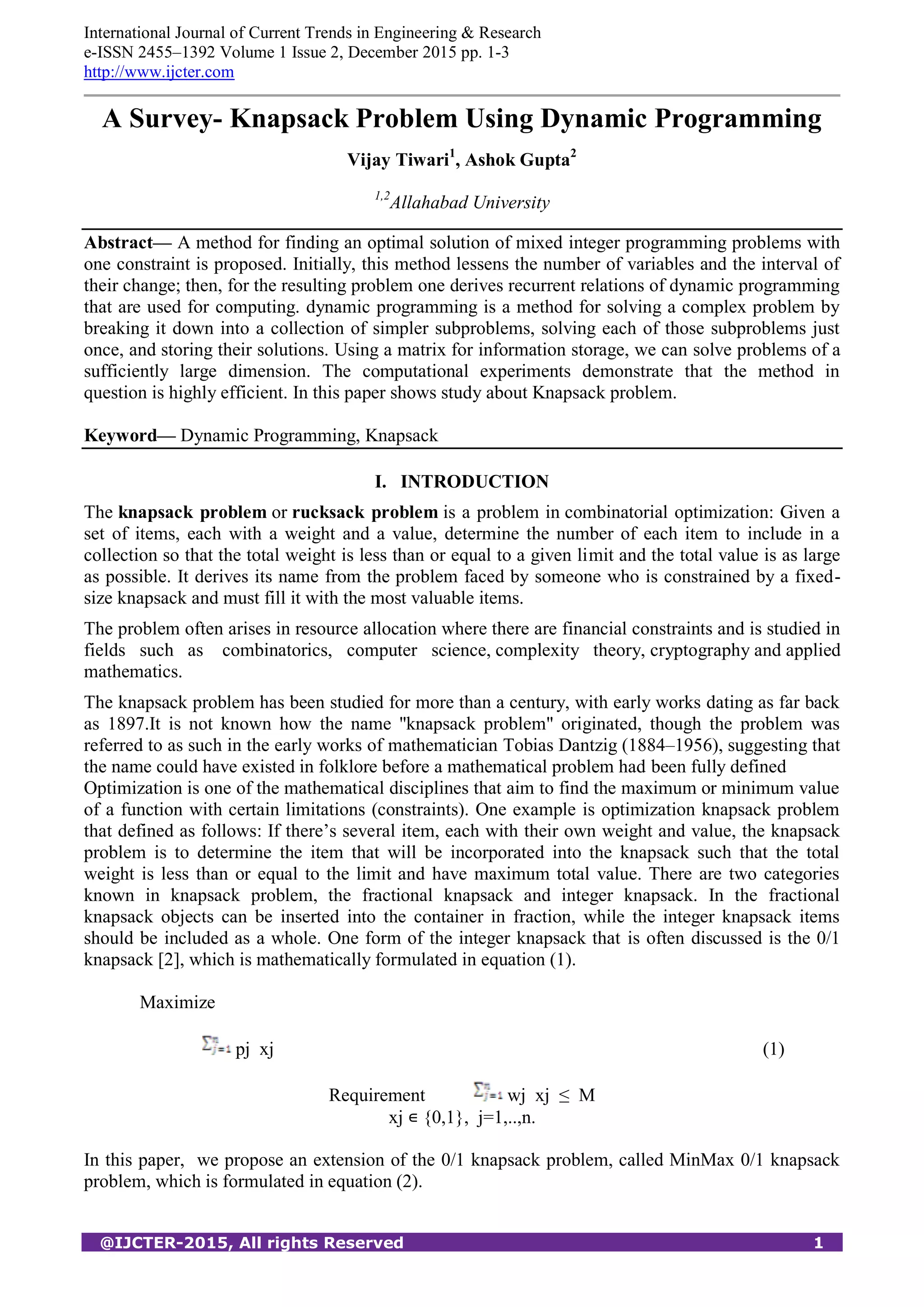 A Survey- Knapsack Problem Using Dynamic Programming | PDF