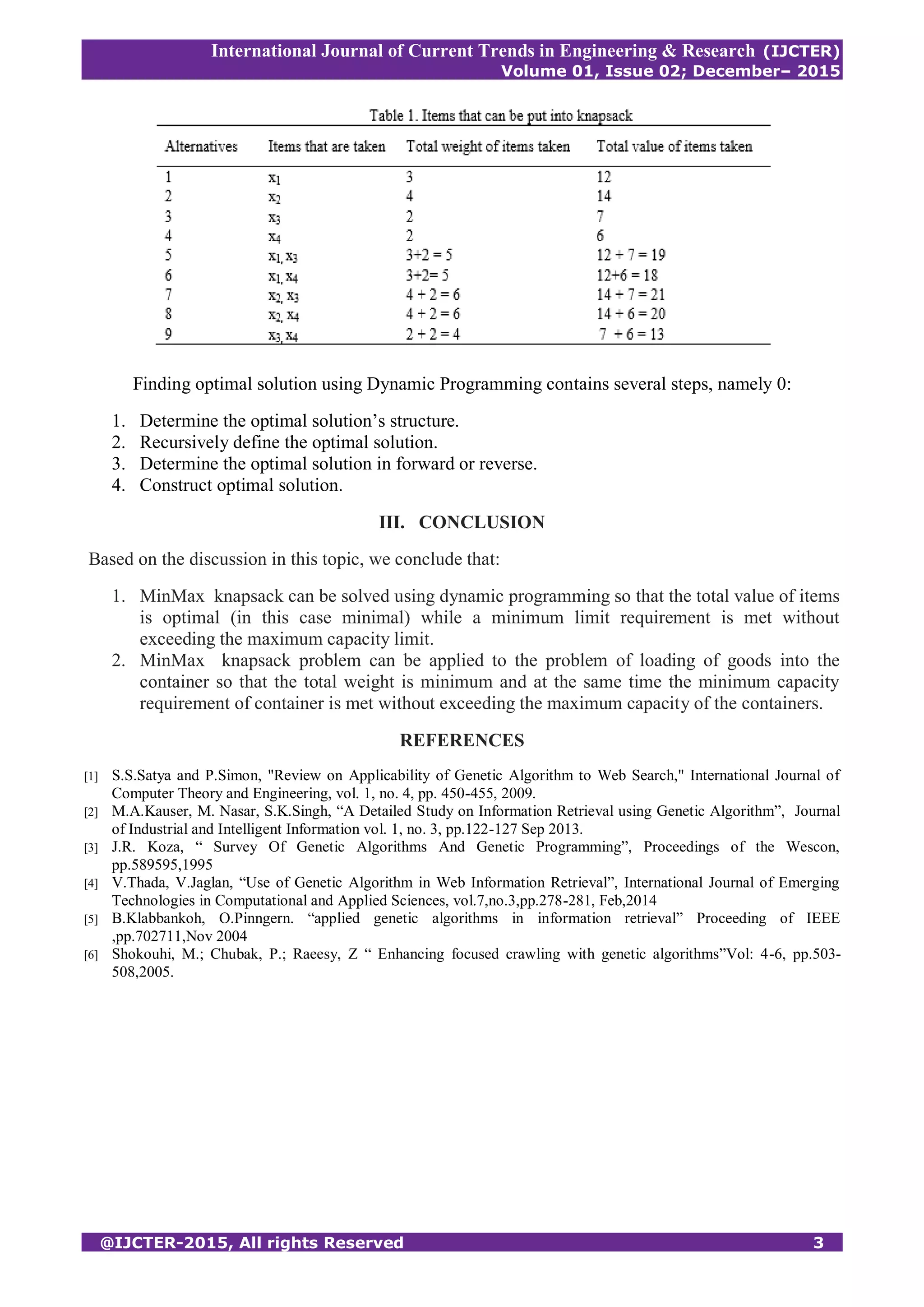International Journal of Current Trends in Engineering & Research (IJCTER)
Volume 01, Issue 02; December– 2015
@IJCTER-2015, All rights Reserved 3
Finding optimal solution using Dynamic Programming contains several steps, namely 0:
1. Determine the optimal solution’s structure.
2. Recursively define the optimal solution.
3. Determine the optimal solution in forward or reverse.
4. Construct optimal solution.
III. CONCLUSION
Based on the discussion in this topic, we conclude that:
1. MinMax knapsack can be solved using dynamic programming so that the total value of items
is optimal (in this case minimal) while a minimum limit requirement is met without
exceeding the maximum capacity limit.
2. MinMax knapsack problem can be applied to the problem of loading of goods into the
container so that the total weight is minimum and at the same time the minimum capacity
requirement of container is met without exceeding the maximum capacity of the containers.
REFERENCES
[1] S.S.Satya and P.Simon, "Review on Applicability of Genetic Algorithm to Web Search," International Journal of
Computer Theory and Engineering, vol. 1, no. 4, pp. 450-455, 2009.
[2] M.A.Kauser, M. Nasar, S.K.Singh, “A Detailed Study on Information Retrieval using Genetic Algorithm”, Journal
of Industrial and Intelligent Information vol. 1, no. 3, pp.122-127 Sep 2013.
[3] J.R. Koza, “ Survey Of Genetic Algorithms And Genetic Programming”, Proceedings of the Wescon,
pp.589595,1995
[4] V.Thada, V.Jaglan, “Use of Genetic Algorithm in Web Information Retrieval”, International Journal of Emerging
Technologies in Computational and Applied Sciences, vol.7,no.3,pp.278-281, Feb,2014
[5] B.Klabbankoh, O.Pinngern. “applied genetic algorithms in information retrieval” Proceeding of IEEE
,pp.702711,Nov 2004
[6] Shokouhi, M.; Chubak, P.; Raeesy, Z “ Enhancing focused crawling with genetic algorithms”Vol: 4-6, pp.503-
508,2005.
 