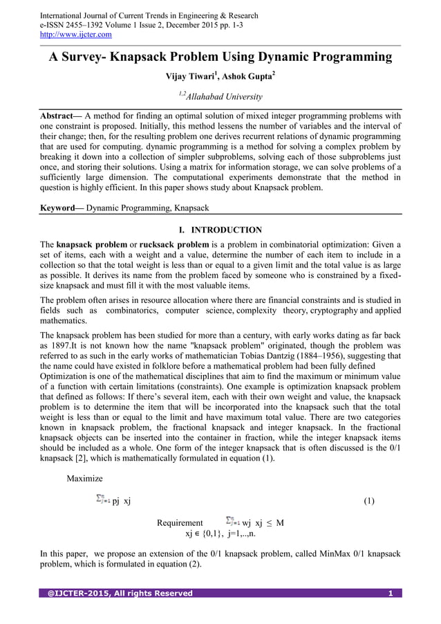 A Survey- Knapsack Problem Using Dynamic Programming | PDF
