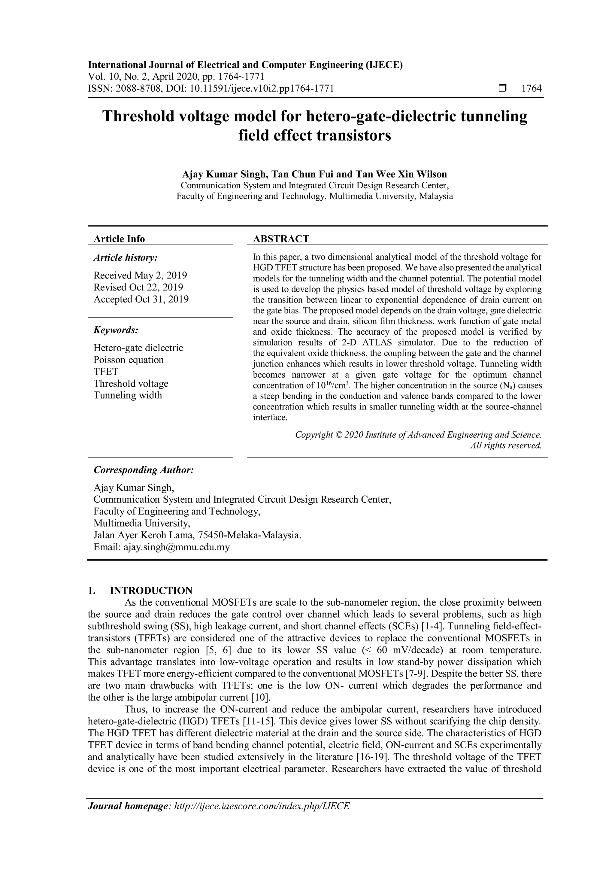 Threshold voltage model for hetero-gate-dielectric tunneling field ...