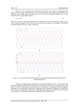  ISSN: 2088-8708
Int J Elec & Comp Eng, Vol. 8, No. 6, December 2018 : 4880 - 4891
4882
Where Ac is the magnitude of the crossed carrier waveform, and A is the rest magnitude of the
carrier as shown in Figure 1(b) and Figure 2. The ∆T is the dead-time value added to gating signal S. This
dead-time causes voltage signal losses indicated as ∆V. If the inverter switching frequency is f, the total
voltage drop in one cycle output voltage is:
VD = 2.f.∆V (2)
Where, VD is the total voltage drop produced by the dead-time in one cycle PWM output voltage. In one
cycle of switching frequency, there will be a turn-on and a turn-off transition. Consequently, the higher the
switching frequency will cause a larger voltage drop.
(a)
(b)
Figure 1. (a) Conventional level shifted CSPWM, (b) proposed level shifted CSPWM with dead-time
compensating function
In Figure 2, the gating signal with dead-time compensating capability is the S’. It is generated by the
proposed modulation technique. The dead-time value is the same as ∆T. However, the great point in this
picture is that the voltage signal losses generated by the dead-time is compensated using the suggested
modulation. The compensating voltage pulse compensated by the dead-time compensation is indicated as
∆V’. Utilizing the compensation method, the compensated output voltage Vo’ will be the same to the ideal
output voltage. The voltage losses produced by the dead-time will not be generated.
 