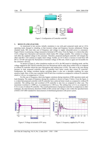  ISSN: 2088-8708
Int J Elec & Comp Eng, Vol. 8, No. 3, June 2018 : 1383 – 1388
1386
Figure 3. Configuration of Controller with DG
3. RESULTS AND ANALYSIS
As mentioned in last section, initially simulation is run with grid connected mode and at t=0.5s
operating mode changed to islanding, at that moment voltage and frequency become unbalanced. During
islanded mode, MG must take care of frequency and voltage to supply sinusoidal power to consumers.
Figure 4 below is portraying voltage measured at terminal of PV array. From the figure, it is shown that after
t=0.5s voltage have fluctuation and transients which makes DG voltage unstable. This variation in voltage
will affect the supplied voltage to the consumer. Therefore, proposed intelligent controller will mitigate the
effect and DG’s will continue to supply rated voltage. Further, at t=0.7s there is increase in load from 100
kW to 120 kW and again the fluctuations at terminal voltage of DG unit, which is again not favourable for
the consumer’s devices.
As shown in Figure 4, when simulation reaches at t=0.5s, the MG transit to islanding mode, and the
voltage supplied by DG with PI controller have less fluctuations and its settle down within 0.02s as compared
to without PI controller which has more fluctuations and settling time is 0.05s. The same is the case during
increase in load, proposed controller with PI controller have better results than witout PI controller.
Furthermore, the voltage overshoot during switching phase is also not a desirable condition for some
sensitive loads. Here, in this case controller with PI have less overshoot as compared to without PI controller
which is 1.62 p.u. in comparison to 1.22 p.u.
For the case of frequency, there also happen variations during transition of MG operation mode and
load changing. The output of frequency during this condition is shown in Figure 5 below. From the figure, it
is evident that proposed controller with PI controller have achieved better results as compared to without PI
controller. The settling time and overshoot of PI controller is also less as compared to other case. The
maximium overshoot is 1.0009 p.u. in comparison to 1.0012 p.u. The settling time is 0.11s as compared to
0.13s in case of without PI controller. The overall performance of proposed controller in comparison to other
technique, the total harmonic distortion (THD) of DG current and voltage is also within the specified limits
of IEEE-1547-2003 standard for interconnetion of distributed generators with power system.
Figure 4. Voltage at terminal of PV array Figure 5. Frequency supplied by PV array
 