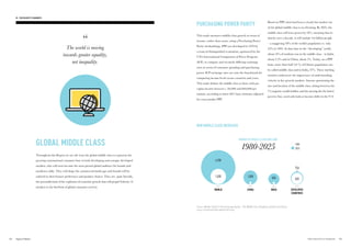 NUMBER OF MIDDLE-CLASS (MILLION)
1980-2025
DEVELOPED
COUNTRIES
WORLDWORLD
1,000
600
750
1,000 500
4,900
CHINA INDIA
Source: Bhalla, Surjit S: Second Among Equals – The Middle Class Kingdoms of India and China;
2007; revised and data updated till 2025.
NEW MIDDLE CLASS INCREASES
1980
2025
GLOBAL MIDDLE CLASS
Throughout this Report we use the term the global middle class to represent the
growing transnational consumer base in both developing and younger developed
markets, who will soon become the most pivotal global audience for brands and
marketers alike. They will shape the commercial landscape and brands will be
tailored to their feature preferences and product choices. They are, quite literally,
the personification of the explosion of economic growth that will propel Velocity 12
markets to the forefront of global consumer activity.
Based on PPP, what had been a steady but modest rise
of the global middle class is accelerating. By 2025, the
middle class will have grown by 35%, meaning that in
shortly over a decade, it will include 4.6 billion people
– a staggering 58% of the world’s population vs. only
25% in 1995. At that time in the “developing” world,
about 14% of residents was in the middle class – in India,
about 3.5% and in China, about 1%. Today, on a PPP
basis, more than half (54 %) of China’s population can
be called middle class and in India, 27%. These startling
statistics underscore the importance of understanding
velocity in key growth markets. Anyone questioning the
size and location of the middle class, sitting between the
1% majority wealth holders and the moving (for the better)
poverty line, need only look at income shifts in the V12.
PURCHASING POWER PARITY
This study measures middle-class growth in terms of
income, rather than assets, using a Purchasing Power
Parity methodology. PPP was developed in 1970 by
a team of distinguished economists, sponsored by the
UN’s International Comparison of Prices Program
(ICP), to compare and reconcile differing exchange
rates in terms of consumer spending and purchasing
power. ICP exchange rates are now the benchmark for
comparing income levels across countries and years.
This study defines the middle class as those with per
capita income between c. $4,000 and $40,000 per
annum, according to latest 2011 base estimates adjusted
for cross-market PPP.
The world is moving
towards greater equality,
not inequality.
2322 THE VELOCITY 12 MARKETS
01. THE VELOCITY 12 MARKETS
 