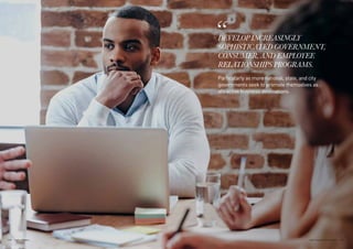 DEVELOP INCREASINGLY
SOPHISTICATED GOVERNMENT,
CONSUMER, AND EMPLOYEE
RELATIONSHIPS PROGRAMS.
Particularly as more national, state, and city
governments seek to promote themselves as
attractive business destinations.
171THE VELOCITY 12 MARKETS170
 