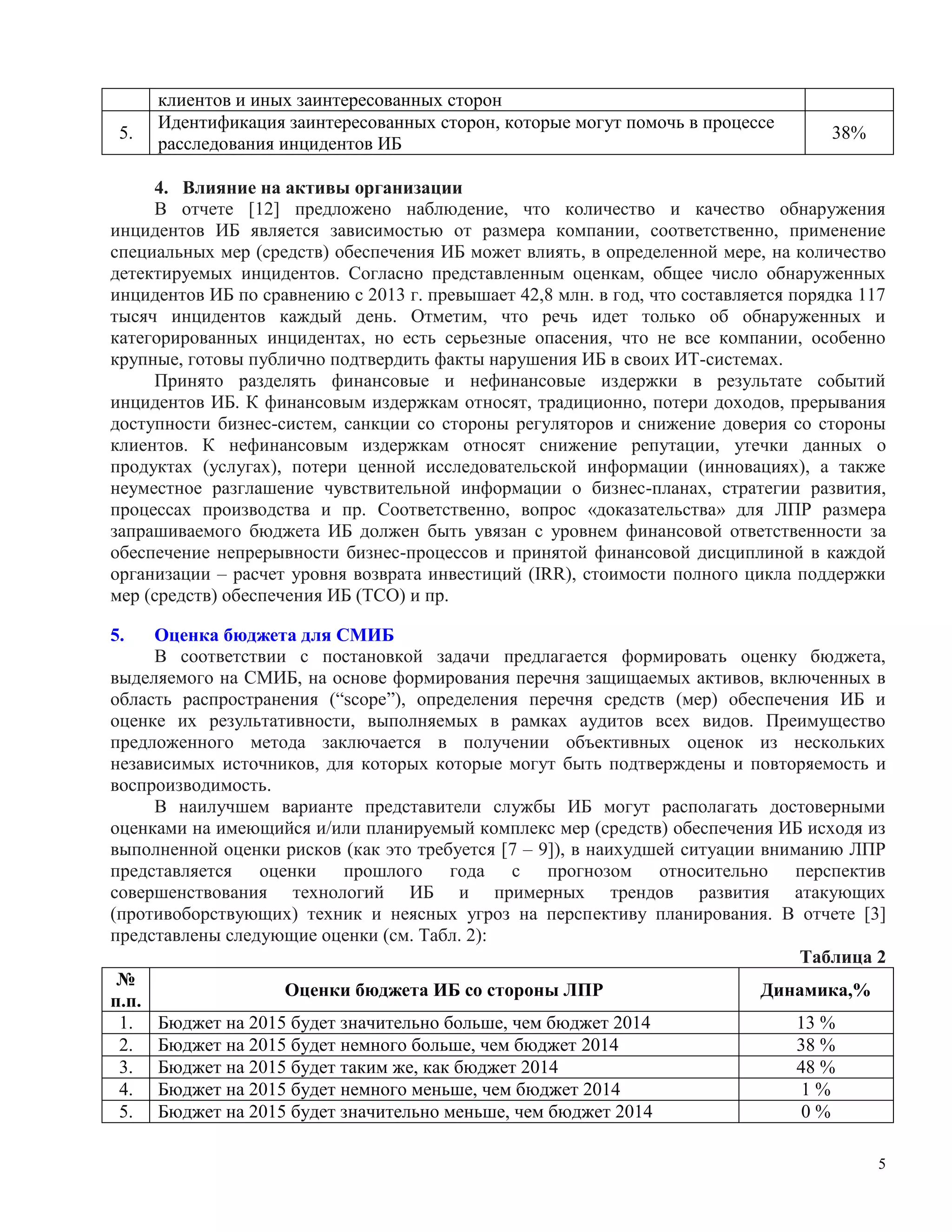 5
клиентов и иных заинтересованных сторон
5.
Идентификация заинтересованных сторон, которые могут помочь в процессе
расследования инцидентов ИБ
38%
4. Влияние на активы организации
В отчете [12] предложено наблюдение, что количество и качество обнаружения
инцидентов ИБ является зависимостью от размера компании, соответственно, применение
специальных мер (средств) обеспечения ИБ может влиять, в определенной мере, на количество
детектируемых инцидентов. Согласно представленным оценкам, общее число обнаруженных
инцидентов ИБ по сравнению с 2013 г. превышает 42,8 млн. в год, что составляется порядка 117
тысяч инцидентов каждый день. Отметим, что речь идет только об обнаруженных и
категорированных инцидентах, но есть серьезные опасения, что не все компании, особенно
крупные, готовы публично подтвердить факты нарушения ИБ в своих ИТ-системах.
Принято разделять финансовые и нефинансовые издержки в результате событий
инцидентов ИБ. К финансовым издержкам относят, традиционно, потери доходов, прерывания
доступности бизнес-систем, санкции со стороны регуляторов и снижение доверия со стороны
клиентов. К нефинансовым издержкам относят снижение репутации, утечки данных о
продуктах (услугах), потери ценной исследовательской информации (инновациях), а также
неуместное разглашение чувствительной информации о бизнес-планах, стратегии развития,
процессах производства и пр. Соответственно, вопрос «доказательства» для ЛПР размера
запрашиваемого бюджета ИБ должен быть увязан с уровнем финансовой ответственности за
обеспечение непрерывности бизнес-процессов и принятой финансовой дисциплиной в каждой
организации – расчет уровня возврата инвестиций (IRR), стоимости полного цикла поддержки
мер (средств) обеспечения ИБ (ТСО) и пр.
5. Оценка бюджета для СМИБ
В соответствии с постановкой задачи предлагается формировать оценку бюджета,
выделяемого на СМИБ, на основе формирования перечня защищаемых активов, включенных в
область распространения (“scope”), определения перечня средств (мер) обеспечения ИБ и
оценке их результативности, выполняемых в рамках аудитов всех видов. Преимущество
предложенного метода заключается в получении объективных оценок из нескольких
независимых источников, для которых которые могут быть подтверждены и повторяемость и
воспроизводимость.
В наилучшем варианте представители службы ИБ могут располагать достоверными
оценками на имеющийся и/или планируемый комплекс мер (средств) обеспечения ИБ исходя из
выполненной оценки рисков (как это требуется [7 – 9]), в наихудшей ситуации вниманию ЛПР
представляется оценки прошлого года с прогнозом относительно перспектив
совершенствования технологий ИБ и примерных трендов развития атакующих
(противоборствующих) техник и неясных угроз на перспективу планирования. В отчете [3]
представлены следующие оценки (см. Табл. 2):
Таблица 2
№
п.п.
Оценки бюджета ИБ со стороны ЛПР Динамика,%
1. Бюджет на 2015 будет значительно больше, чем бюджет 2014 13 %
2. Бюджет на 2015 будет немного больше, чем бюджет 2014 38 %
3. Бюджет на 2015 будет таким же, как бюджет 2014 48 %
4. Бюджет на 2015 будет немного меньше, чем бюджет 2014 1 %
5. Бюджет на 2015 будет значительно меньше, чем бюджет 2014 0 %
 