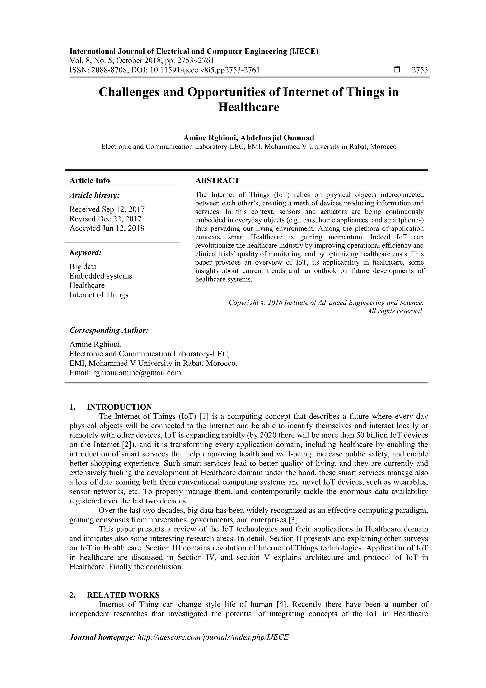 Challenges and Opportunities of Internet of Things in Healthcare | PDF