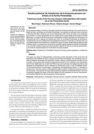 263Rev. peru. biol. special number 13(3): 263 - 265 (July 2007)
Advances of the biological sciences in Peru
ICTIOPLANCTON DE LA AMAZONIA PERUANA
http://sisbib.unmsm.edu.pe/BVRevistas/biologia/biologiaNEW.htm
Rev. peru. biol. número especial 13(3): 263 - 265 (Julio 2007)
Avances de las ciencias biológicas en el Perú
© Facultad de Ciencias Biológicas UNMSM
Estudio preliminar de ictioplancton de la Amazonia peruana con
énfasis en la familia Pimelodidae
María Rojas1
, Robinson Olivera1
, Roberto Quispe1
, Hernán Ortega1,2
Preliminary study of the Peruvian Amazon ichthyoplankton with empha-
sis on the Pimelodidae family
1
Departamento de Ictio-
logía, Museo de Histo-
ria Natural, Universidad
Nacional Mayor de San
Marcos.
2
Instituto de Investigacio-
nes de Ciencias Biológicas
Antonio Raimondi, Facul-
tad de Ciencias Biológi-
cas, Universidad Nacional
Mayor de San Marcos,
Apartado 14-0434, Lima
14, Perú.
Resumen
En el presente trabajo se informa y describen las larvas de peces presentes en la naciente del río
Madre de Dios, con énfasis en la familia Pimelodidae. Las colectas se realizaron entre noviembre
y diciembre de 2004, utilizando una red de ictioplancton (300 micras de malla), en 8 transectos
que cubrieron un tramo aproximado de 2 km aguas arriba y aguas abajo de la ciudad de Puerto
Maldonado. Un total de 83750 larvas fueron examinadas, la mayor abundancia la presentaron los
Characiformes (81%), seguido por Siluriformes (18%). En la familia Pimelodidae, se identiﬁcaron
12 especies de consumo, destacando Pseudoplatystoma tigrinum, P. fasciatum y Sorubim lima. Los
principales órdenes encontrados en el ictioplancton siguen un patrón de abundancia relativa similar
al estado adulto. La presencia de larvas de los grandes bagres migradores (familia Pimelodidae)
en la zona de muestreo sugiere que esta parte del río Madre de Dios es un área de reproducción,
y por ende de importancia para la conservación de estas especies.
Palabras clave: Ictioplancton, Pimelodidae, Amazonia Peruana, peces migradores, río Madre de
Dios.
Abstract
This paper is a report of ichthyoplankton community and the description of ﬁsh larvae from the
beginning of River Madre de Dios, in special on the family Pimelodidae. The collections were ca-
rried out between November and December of 2004, utilizing a ichthyoplankton net (300 microns
of mesh), in 8 transects that covered an approximate section of 2 km upstream and downstream
of the Puerto Maldonado city. A total of 83750 larvae were examined, the highest abundance was
displayed by Characiformes (81%), followed by Siluriformes (18%). In the Pimelodidae family,
12 commercial species of consumption, emphasizing Pseudoplatystoma tigrinum, P. fasciatum y
Sorubim lima. The main orders in ichthyoplankton follow a pattern of relative abundance similar to
the adult state. The presence of larvae of great catﬁshes migratory (Pimelodidae family) in the zone
of sampling suggests this region of the River Madre de Dios represents an area for reproduction,
and therefore important for the conservation of these species.
Keywords: ichthyoplankton, Pimelodidae, Peruvian Amazon, migratory catﬁshes, Madre de Dios
Introducción
En la Amazonia, la mayoría de los peces de valor comercial
realizan migraciones y el desove generalmente ocurre en el inicio
de la época de lluvias (diciembre), cuando existe una mayor ofer-
ta de alimento (Goulding, 1980). El estudio de la distribución
de las larvas de peces amazónicos contribuye al conocimiento
de los lugares de desove.
El conocimiento actual de la Ictiología continental en el Perú
esta centrada en la taxonomía, sistemática y ecología de estadios
adultos, principalmente en especies de importancia comercial
y sobre todo en Characiformes (Ortega, 1992), no existiendo
estudios sobre sus larvas. Estudios sobre la identiﬁcación de
larvas de peces Amazónicos han sido realizados en Brasil (Arau-
jo-Lima, 1984; Leite, 2000; Nakatani et. al., 2001).
En el presente trabajo se analiza la abundancia de Ordenes
encontrados en la muestras de ictioplancton, con énfasis en la
descripción de las principales especies de la familia Pimelodidae
capturados en la nacientes del río Madre de Dios, entre los meses
noviembre y diciembre de 2004.
Materiales y métodos
El material biológico fue obtenido del río Madre de Dios,
durante los meses de noviembre y diciembre de 2004. Las mues-
tras fueron colectadas en 8 transectos realizados en un tramo
aproximado de 2 km aguas arriba y abajo de la ciudad de Puerto
Maldonado, utilizando una red de ictioplancton (diámetro de
50 cm, y malla de 300 micras) desde una emabarcación. Cada
transecto consistió en 5 puntos equidistantes entre sí y ubicados
en toda la amplitud del río, y en cada punto se hicieron capturas
en la superﬁcie y a 1, 2, 3, 10, y 15 metros, dependiendo de la
profundidad total. La red permaneció por un espacio de cinco
minutos, manteniéndose el punto ﬁjo con la ayuda del bote a
motor. Las muestras obtenidas fueron ﬁjadas en solución de
formol al 4% para luego ser revisadas y proceder a la separación
de las larvas, posteriormente fueron preservadas en alcohol etí-
lico al 75%. Las muestras fueron analizadas y depositadas en el
Departamento de Ictiología del Museo de Historia Natural de la
Universidad Nacional Mayor de San Marcos, ciudad de Lima.
Para taxa superiores e utilizo la clasiﬁcación de Nakatani et al.
(2001), que considera los caracteres morfológicos como tamaño
y posición de los ojos, ubicación de intestino, pigmentación y
presencia de barbillas. El conteo de miómeros se realizó en un
microscopio compuesto con lentes polarizadores. En la identi-
ﬁcación de las especies de la familia Pimelodidae se considera-
ron: ﬂexión de la notocorda, longitud del intestino, forma de la
cabeza y hocico, posición de los ojos, pigmentación y forma de
NOTA CIENTÍFICA
Versión Online ISSN 1727-9933
 